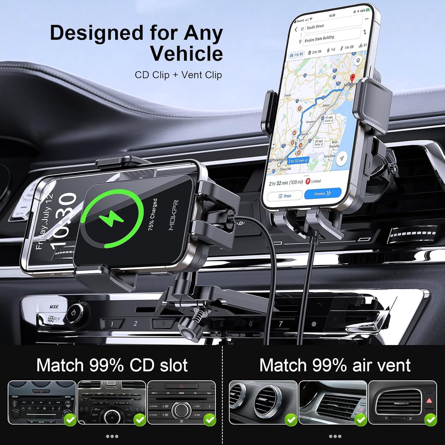 Wireless Car Charger, MOKPR 15W Fast Charging Auto Clamping CD Slot Air Vent Car Phone Holder with LED Light Car Charger for iPhone 16/15/14/13/12 Pro Max Plus, Samsung S23/S22/S21,etc