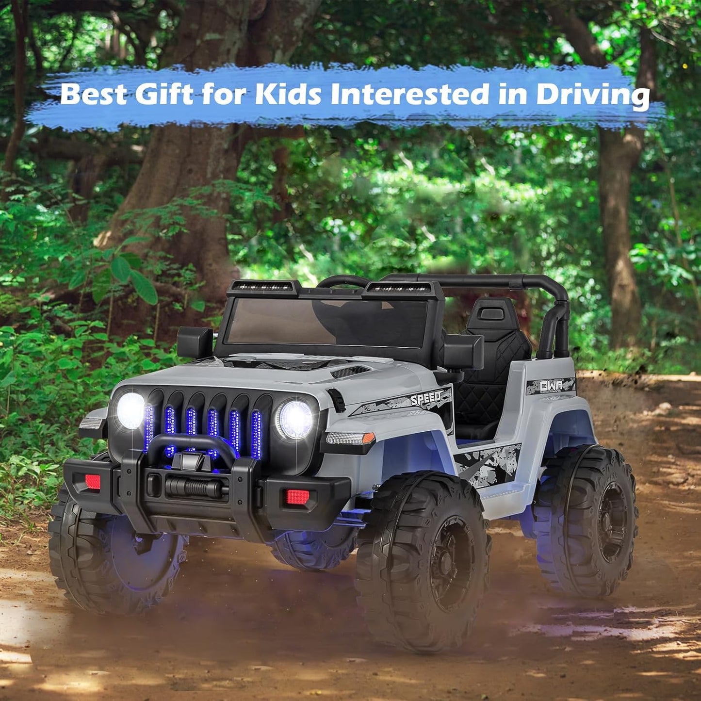 INFANS Kids Ride on Car Truck with 2.4G Remote Control, 12V Battery Powered Electric Cars for Kids w/3 Speeds, Battery Display, LED Lights, Safety Belt, Music & Horn, Bluetooth/FM/USB (Gray)