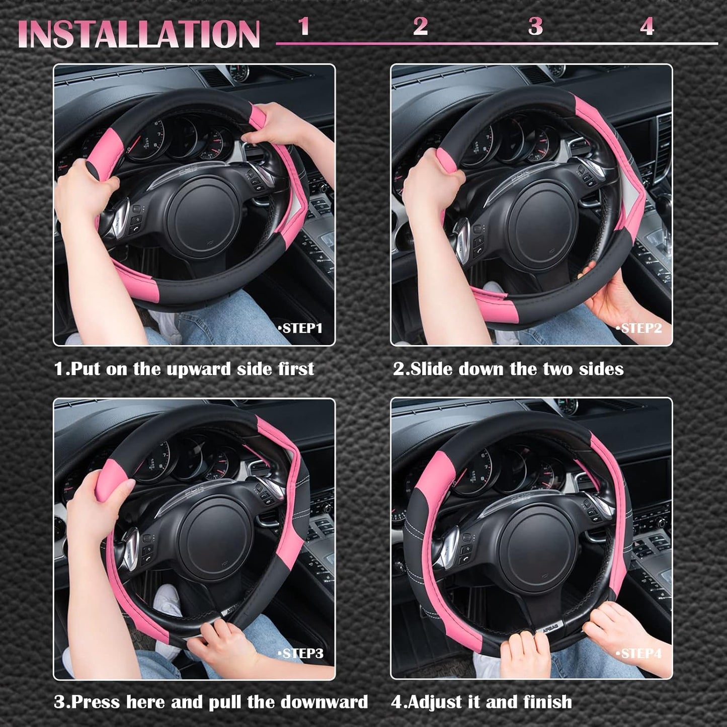 CAR PASS Line Rider Microfiber Leather Sporty 14.5-15 inch Steering Wheel Cover Universal Fits for 95% Truck,SUV,Cars, Anti-Slip Safety Comfortable Design (Black Pink)