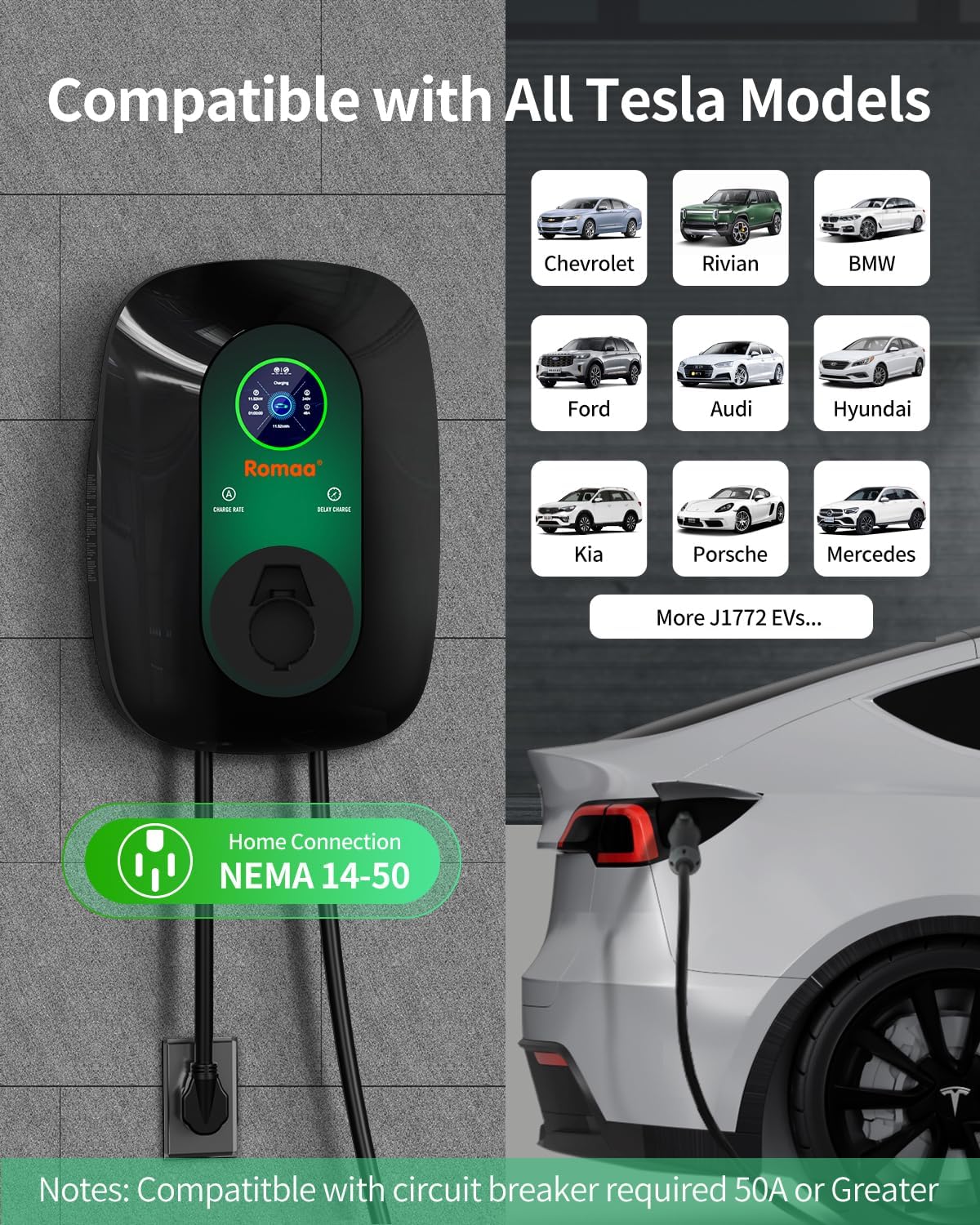 Level 2 EV Charger 40Amp, 240V Electric Vehicle Charging Stations, NEMA 14-50 EVSE J1772 Connector, Smart WiFi Control, 25' Cord Electric Car Charger for Home, ETL FCC