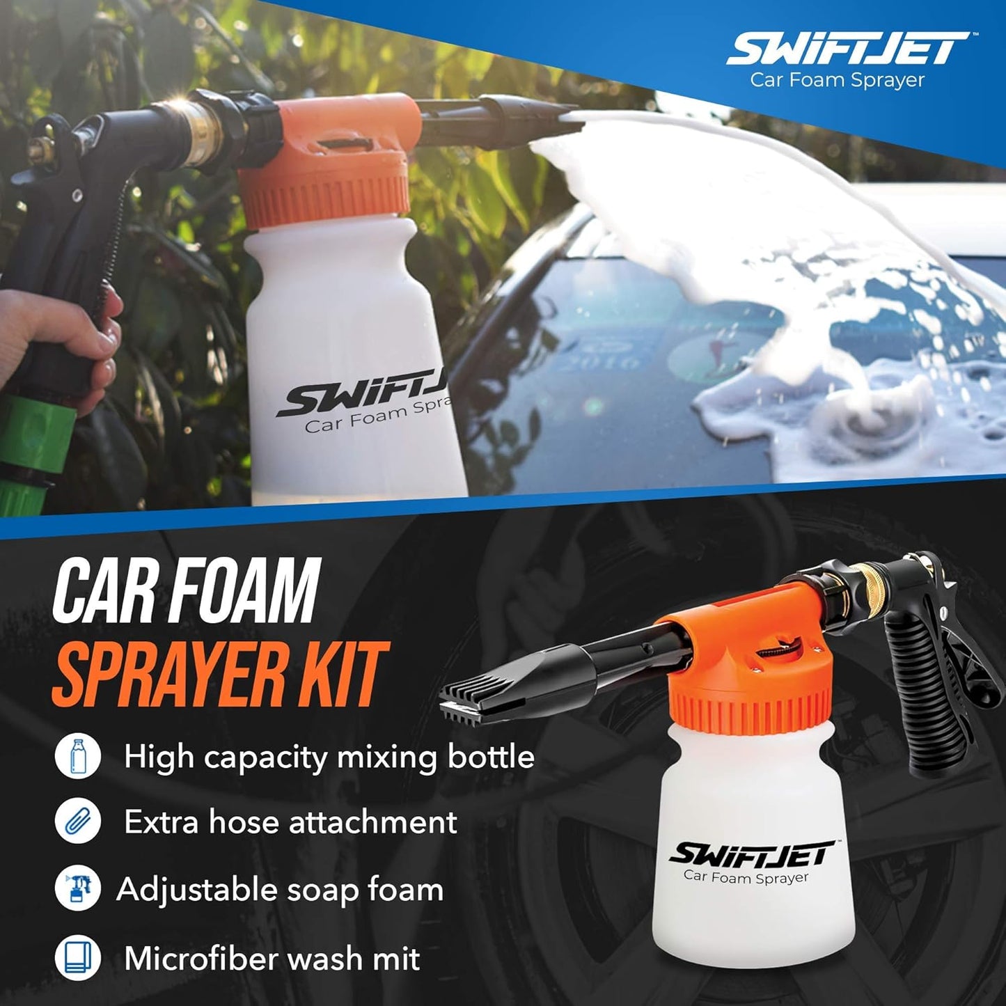 SwiftJet Car Wash Foam Gun + Microfiber Wash Mitt - Car Foam Sprayer - Car Wash Kit - Foam Cannon Garden Hose Sprayer - - Car Accessories for Men - Snow Foam Blaster (Orange Foam Gun with Mitt)