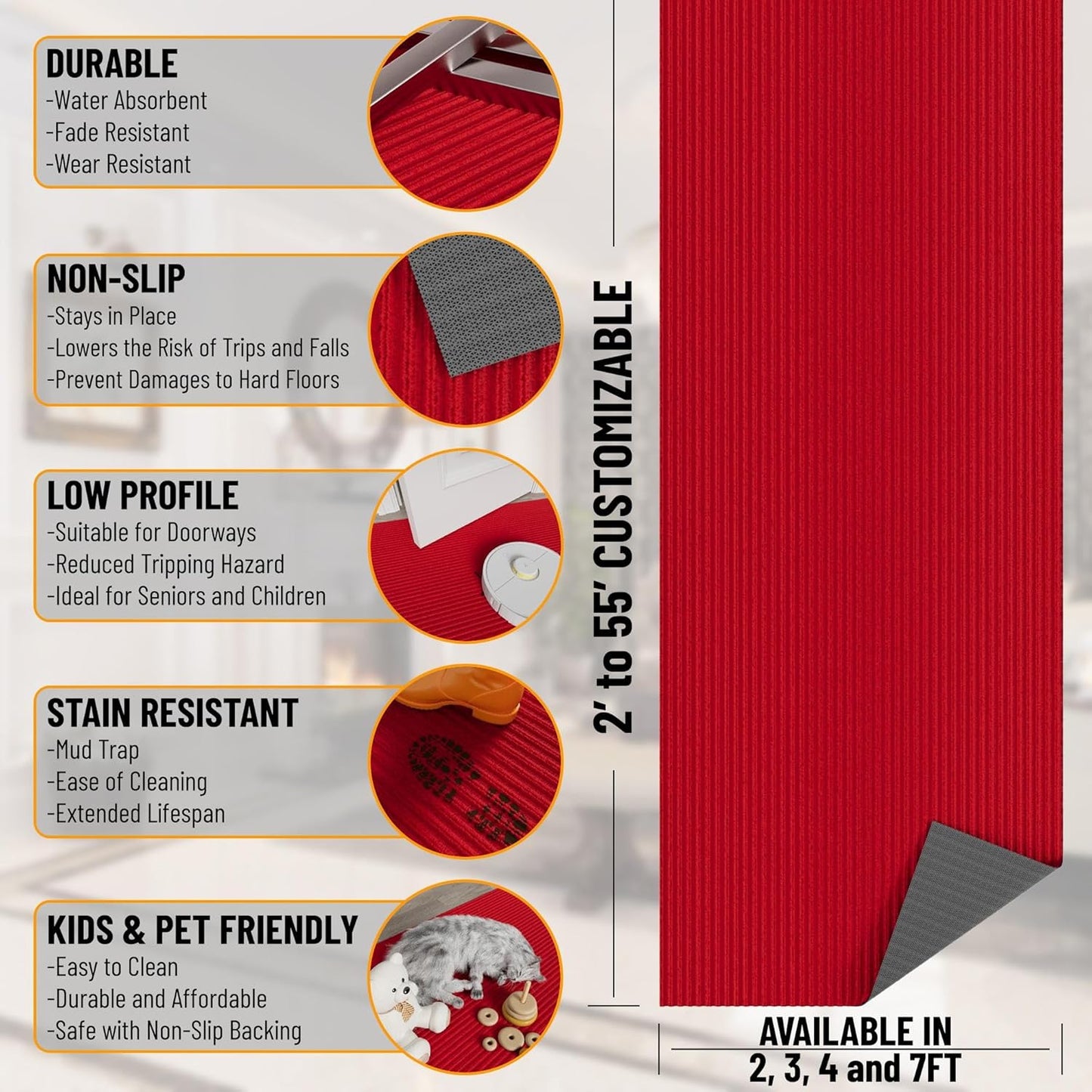 Ottomanson 6'6" x 8' Mud Mat Area Rug Scraper Carpet - Non-Slip, Dirt Trapping for Indoor & Outdoor Use - Ideal for Entryway, Garage, Kitchen, Patio & High-Traffic Areas, Red