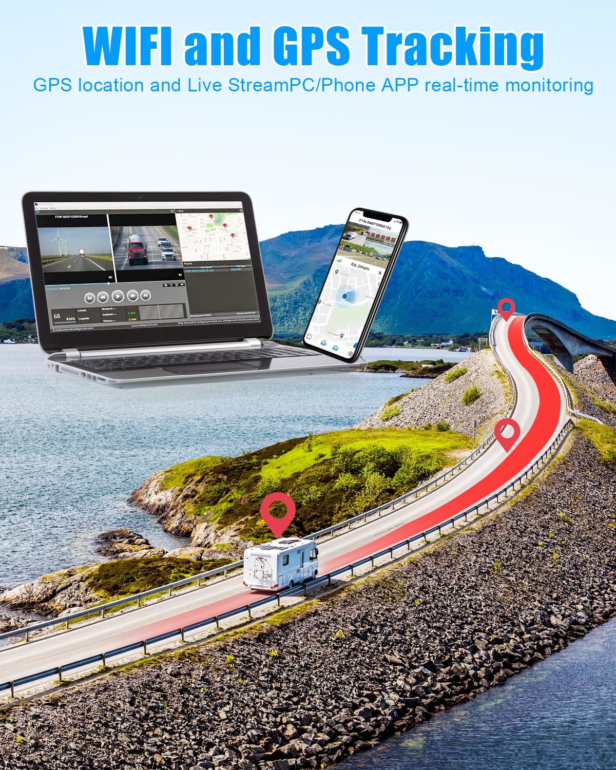 RV Backup Camera System AI WiFi GPS 7 inch Touch Screen Monitor Vehicle Recording with 4 Pieces 1080P Rear Side View Waterproof Camera Live View on APP/Web/PC for Camper RV Truck Trailer Tractor Fleet