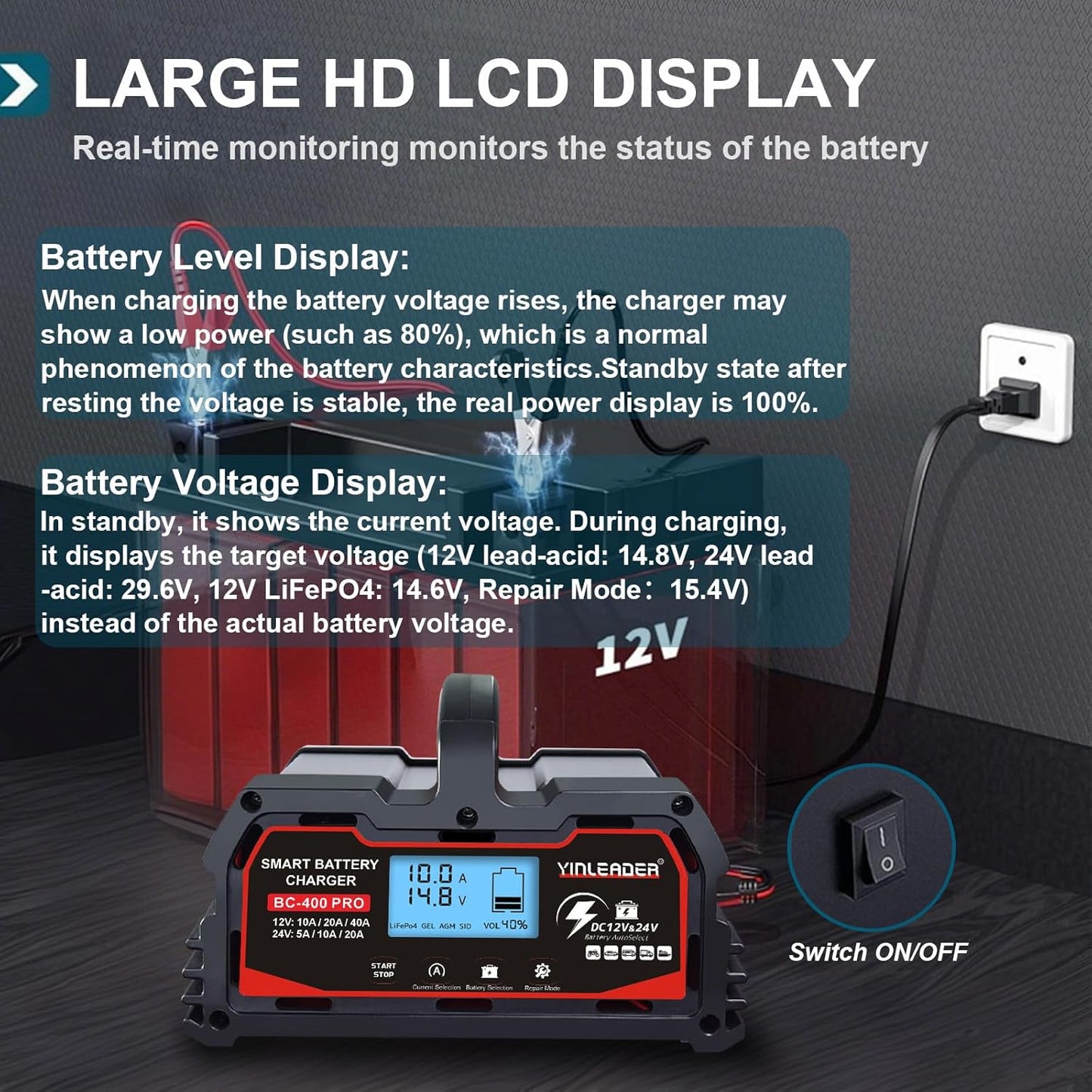 Battery Charger 40A, 12V/24V Lead Acid Smart Battery Charger, 12V LiFePO4 Car Battery Trickle Charger, Automatic Battery Maintainer for Car Motorcycle Lawn Mower Marine Boat Lead Acid Batteries