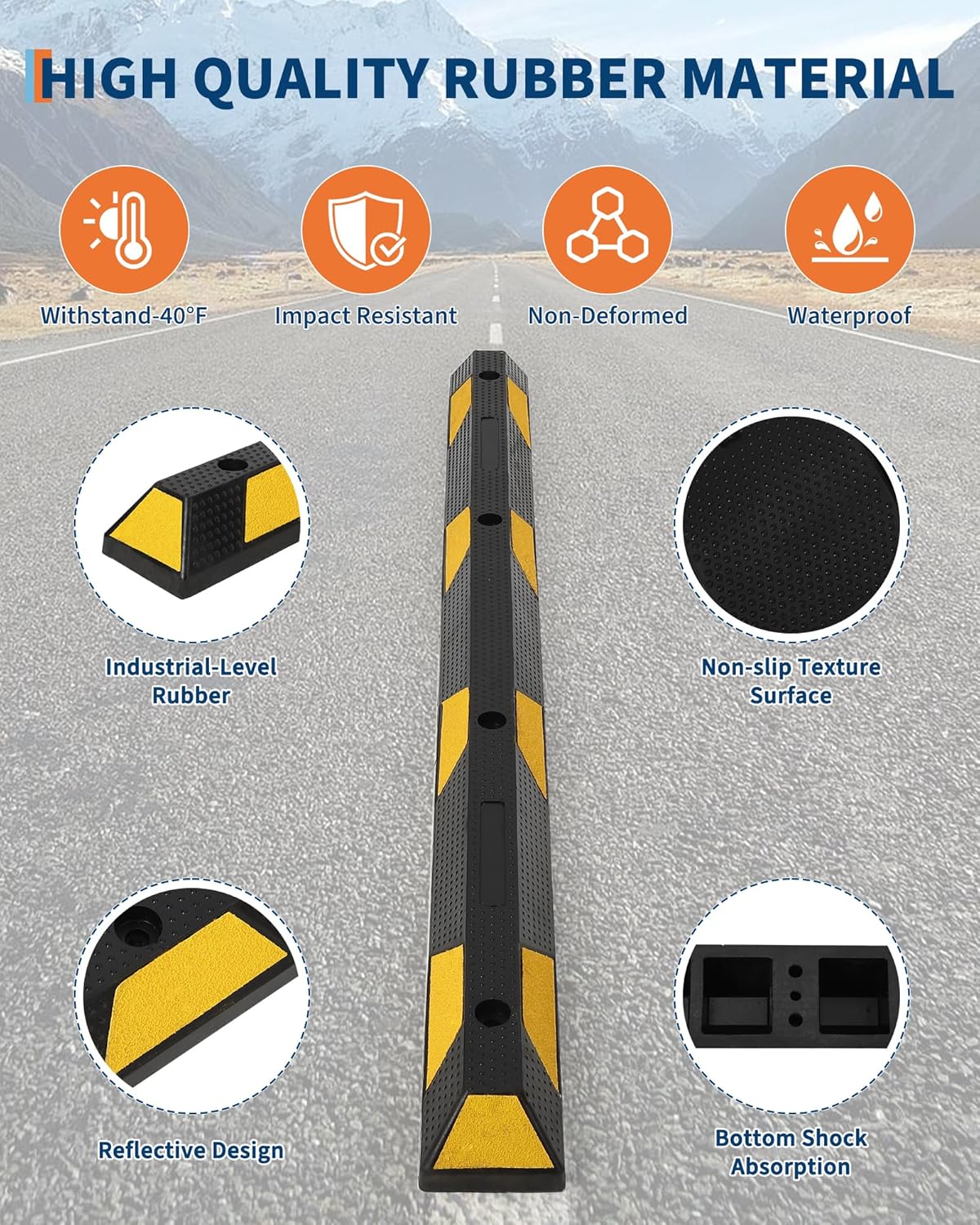 Garvee 72 Inch Heavy Duty Rubber Parking Curb, Garage Car Wheel Stopper with Yellow & Black Reflective Strips, Durable Speed Bump for Driveway, Warehouse & Parking Lots