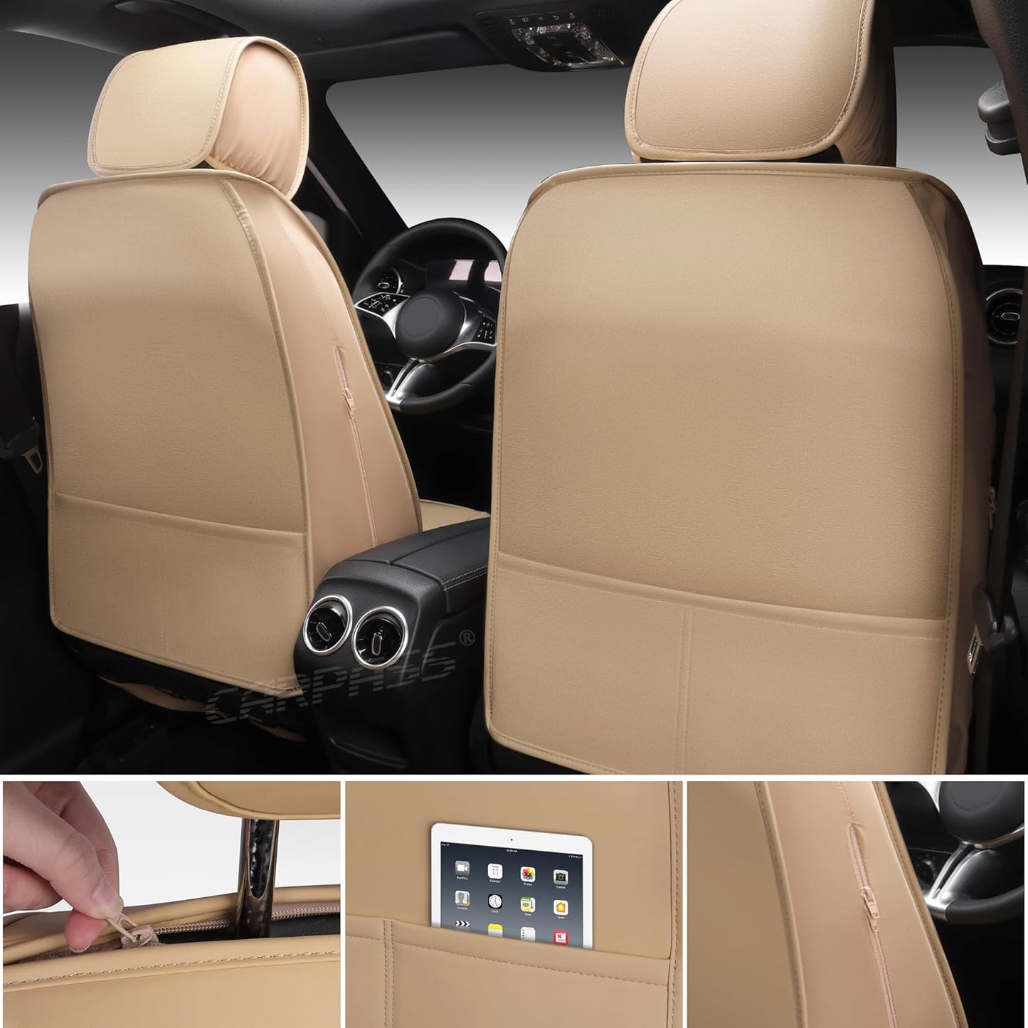 CAR PASS Nappa Leather Car Seat Covers Full Set, Luxury Seat Protector for Cars, Waterproof Anti-Slip Car Seat Cushion Armrest Compatible Airbag Universal for Sedan SUV Pick-up Truck Automotive, Beige