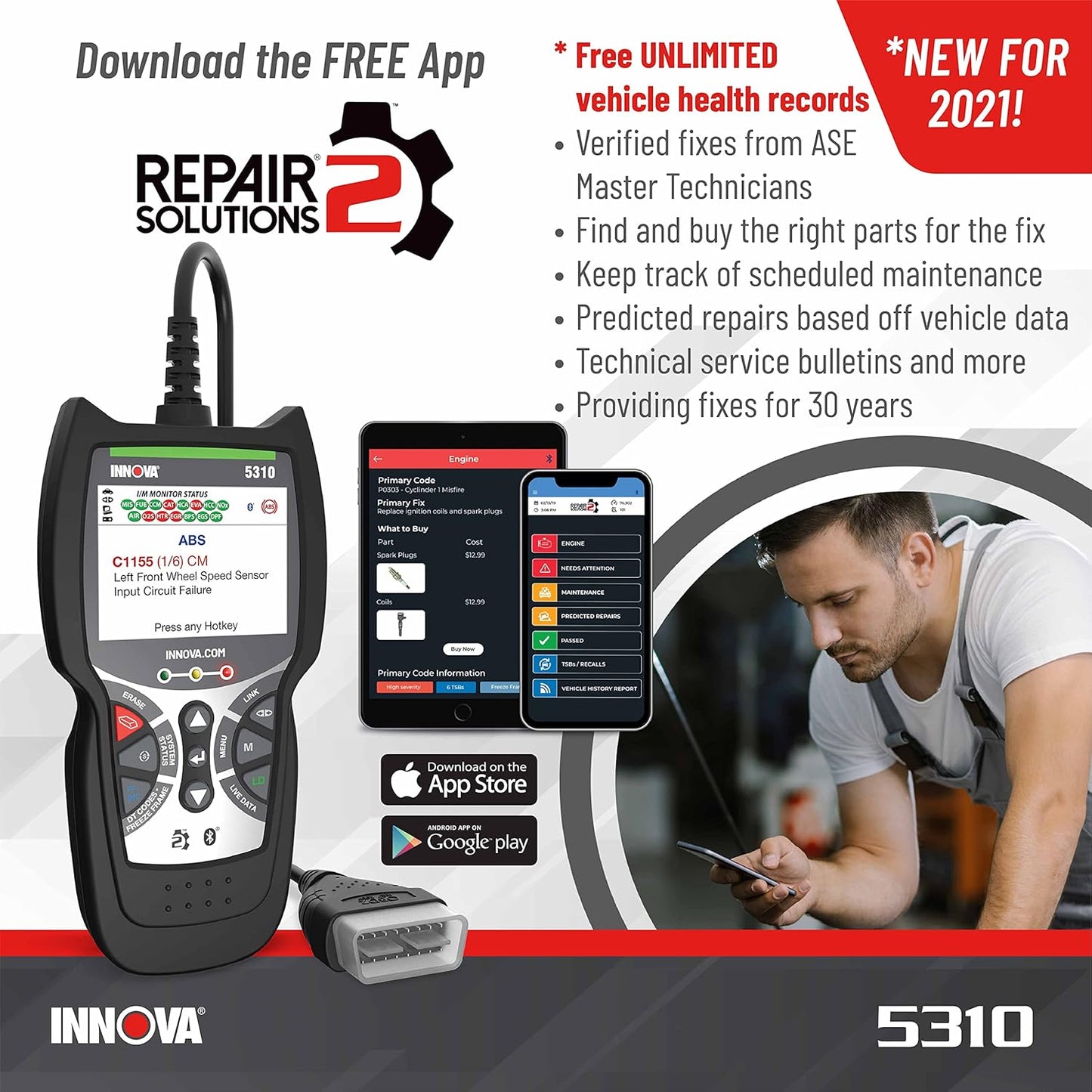 Innova 5310 OBD2 Scanner for ABS & Airbag (SRS) with Battery/Alt Test, Oil Light Reset, Live Data for 1996-2023 Vehicles, Accurate, Reliable, Easy to Use, iPhone & Android App Included