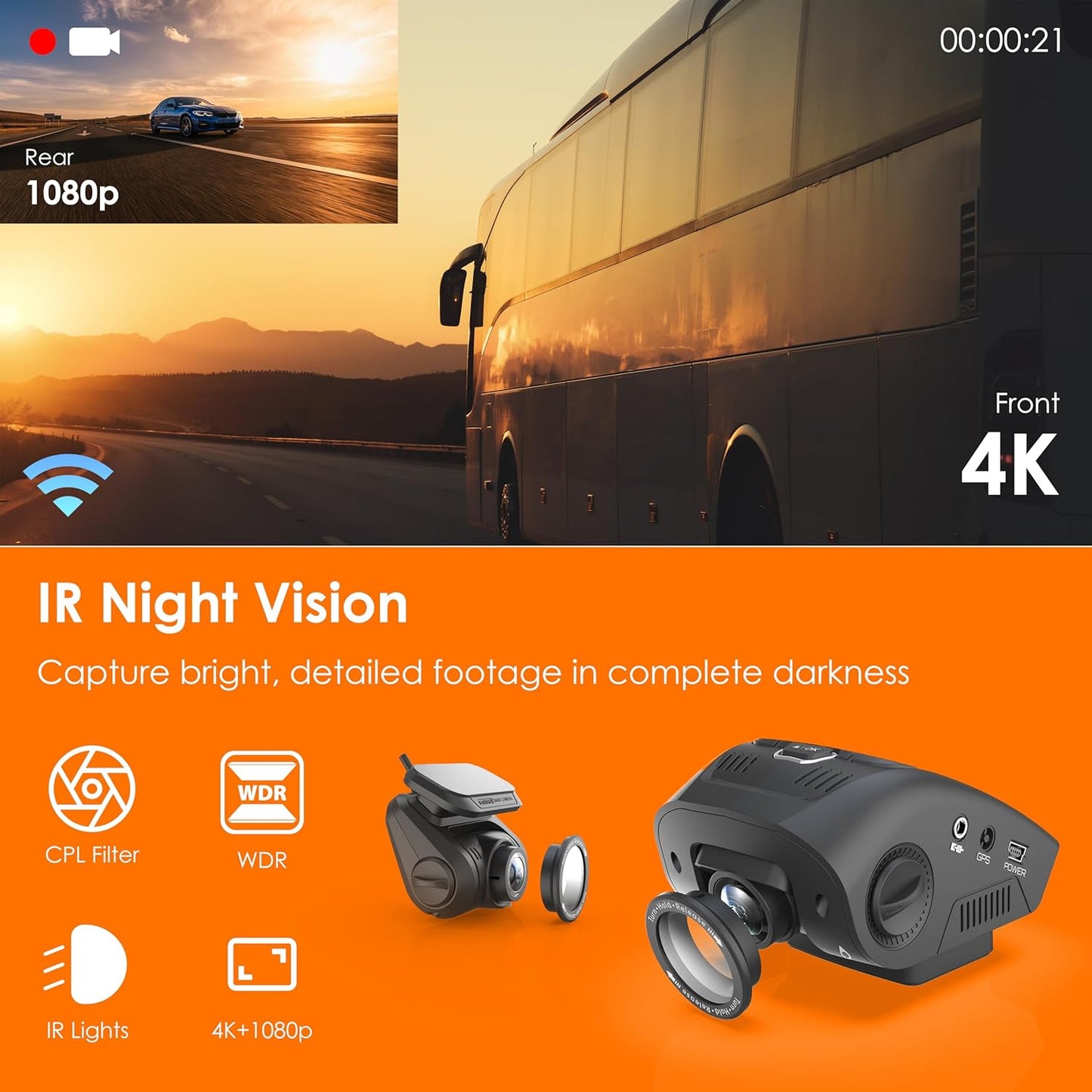 V1P SE 4K Dual Dash Cam w/GPS, Wi-Fi & 2pcs-CPL Filter | 512GB Support | Front 2160p, Rear 1080p | 170° Angle | G-Sensor | WDR | Loop Record | Parking Monitor | 64GB Memory Card Included