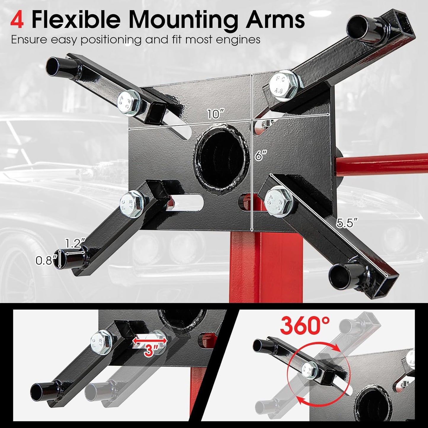 Goplus Engine Stand, 750 LBS (3/8 Ton) Motor Stand with Wheels, 360 Degree Rotating Head & Adjustable Arms, Heavy-Duty Metal Engine Holder for Garage, Auto Repair, Red