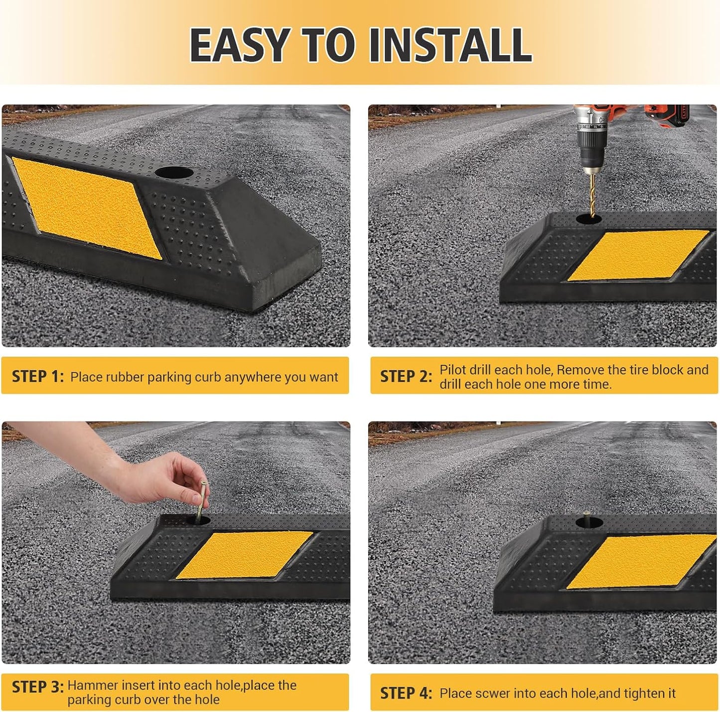 2 Pack Heavy Duty Rubber Parking Curb (72.8" Extra Wide) - 55000 Lb Capacity with 8 Reflective Strips, UV/Oil Resistant for Driveways & Commercial Lots