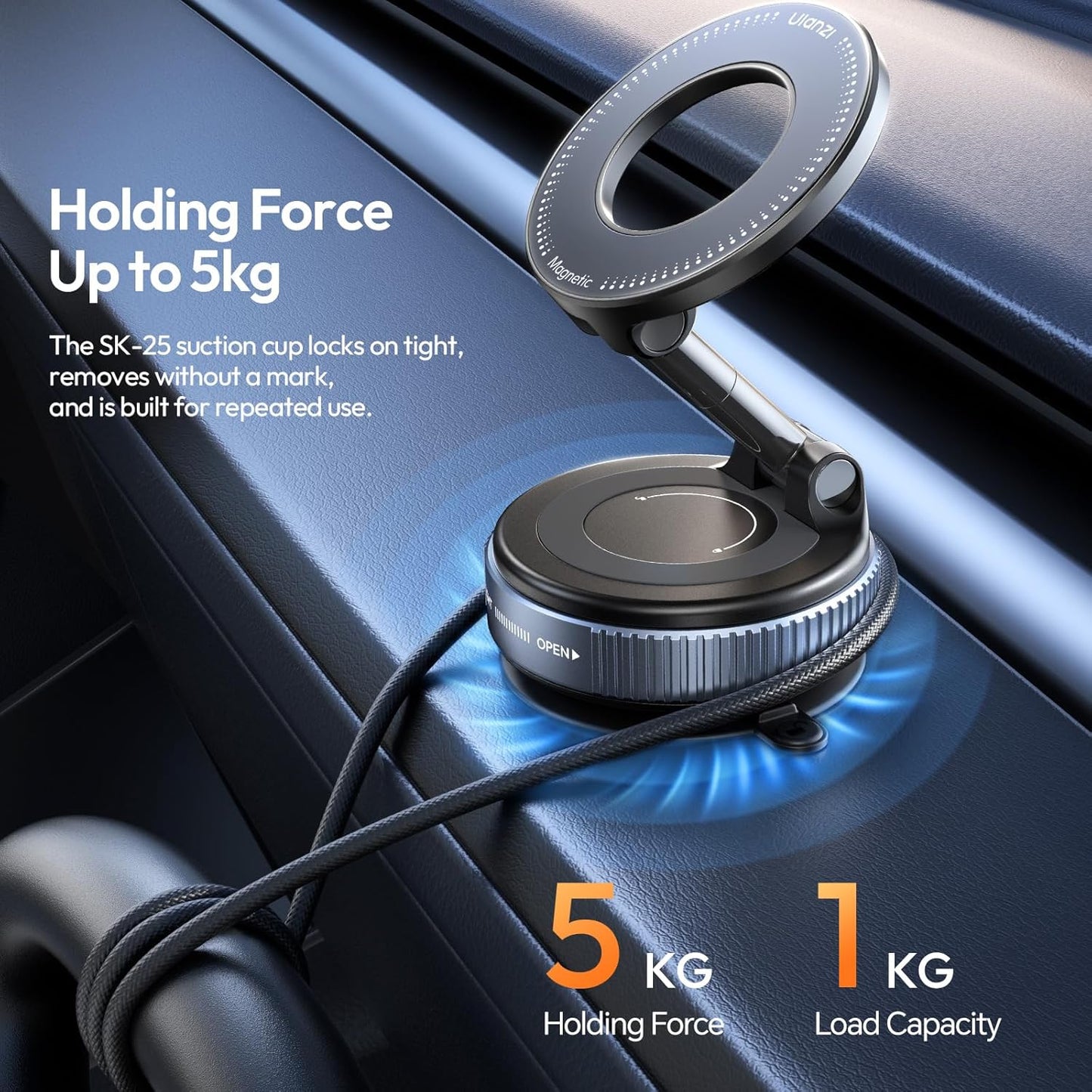 ULANZI SK-25 Car Phone Holder for Magsafe, Vacuum Suction Cup Magnetic Phone Mount, 360° Adjustable Phone MagMount for Car/Ceramic Tile/Gym/Mirror, Load up to 1kg, Magnetic Force ≥14N（Black）