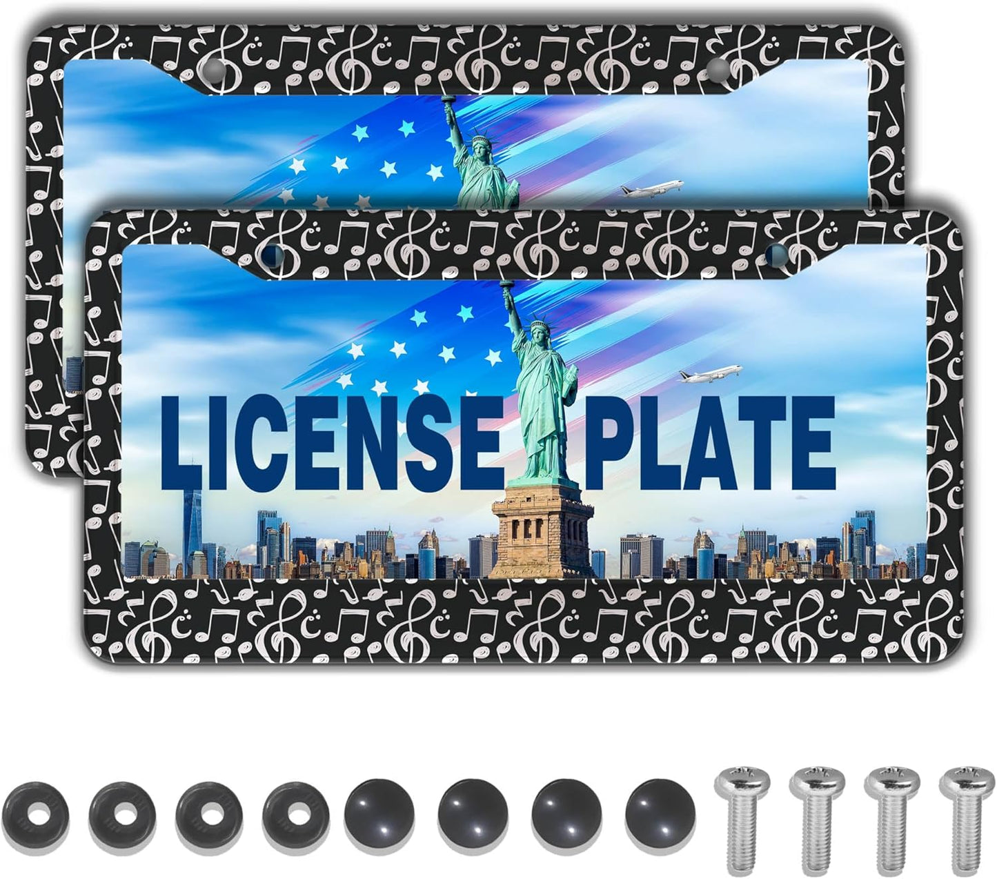 License Plate Cover for Car Black and White License Plate Frames Music Musical Note Aluminum Metal Car Accessory 2 Pack with Screw Covers Set
