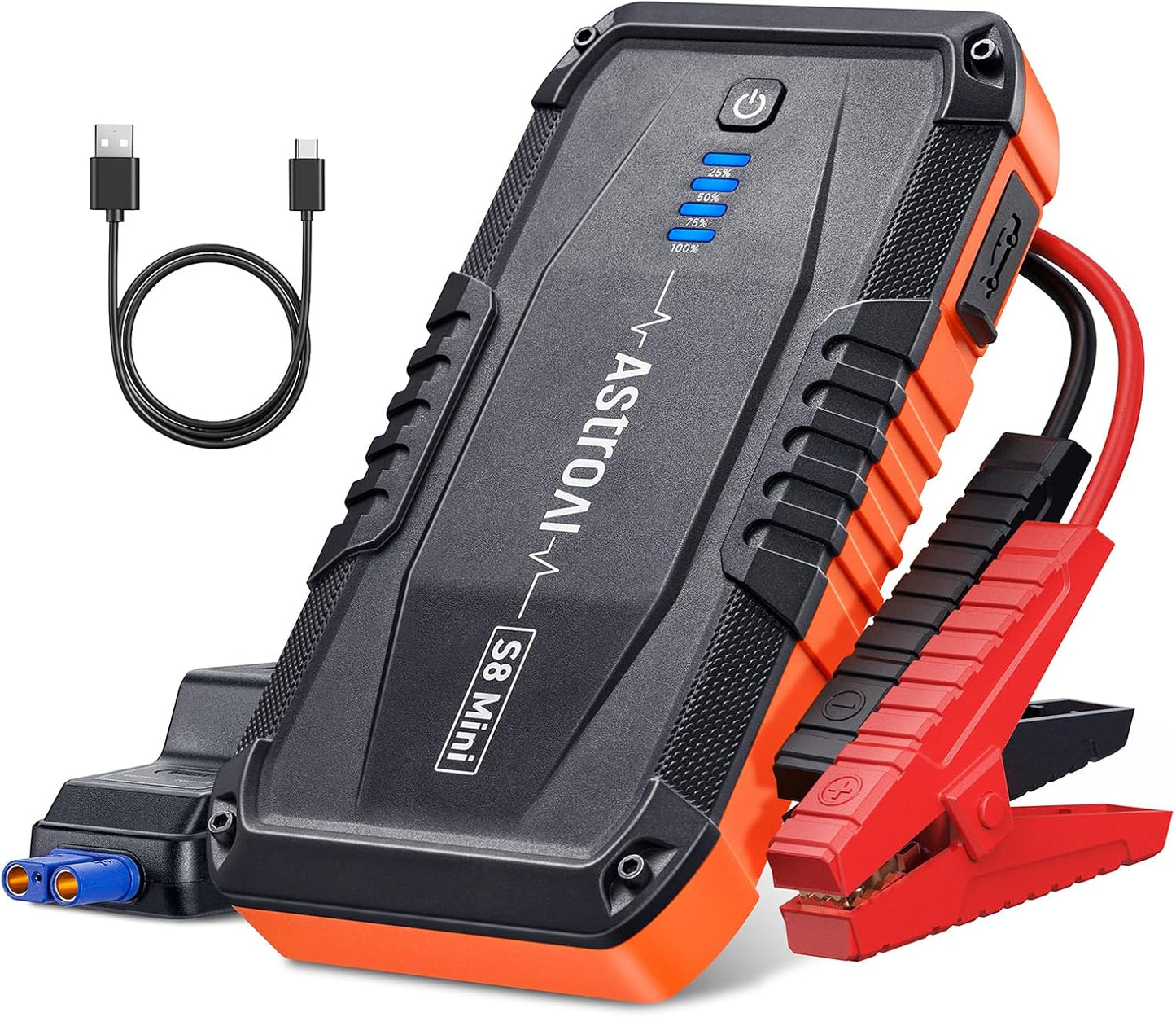 AstroAI S8 Mini Car Battery Jump Starter, 12V Portable Car Starter for Up to 6.0L Gas/3.0L Diesel Engine, Auto Battery Booster Pack, Lithium Jump Box with Jumper Cables & LED Light (Orange)