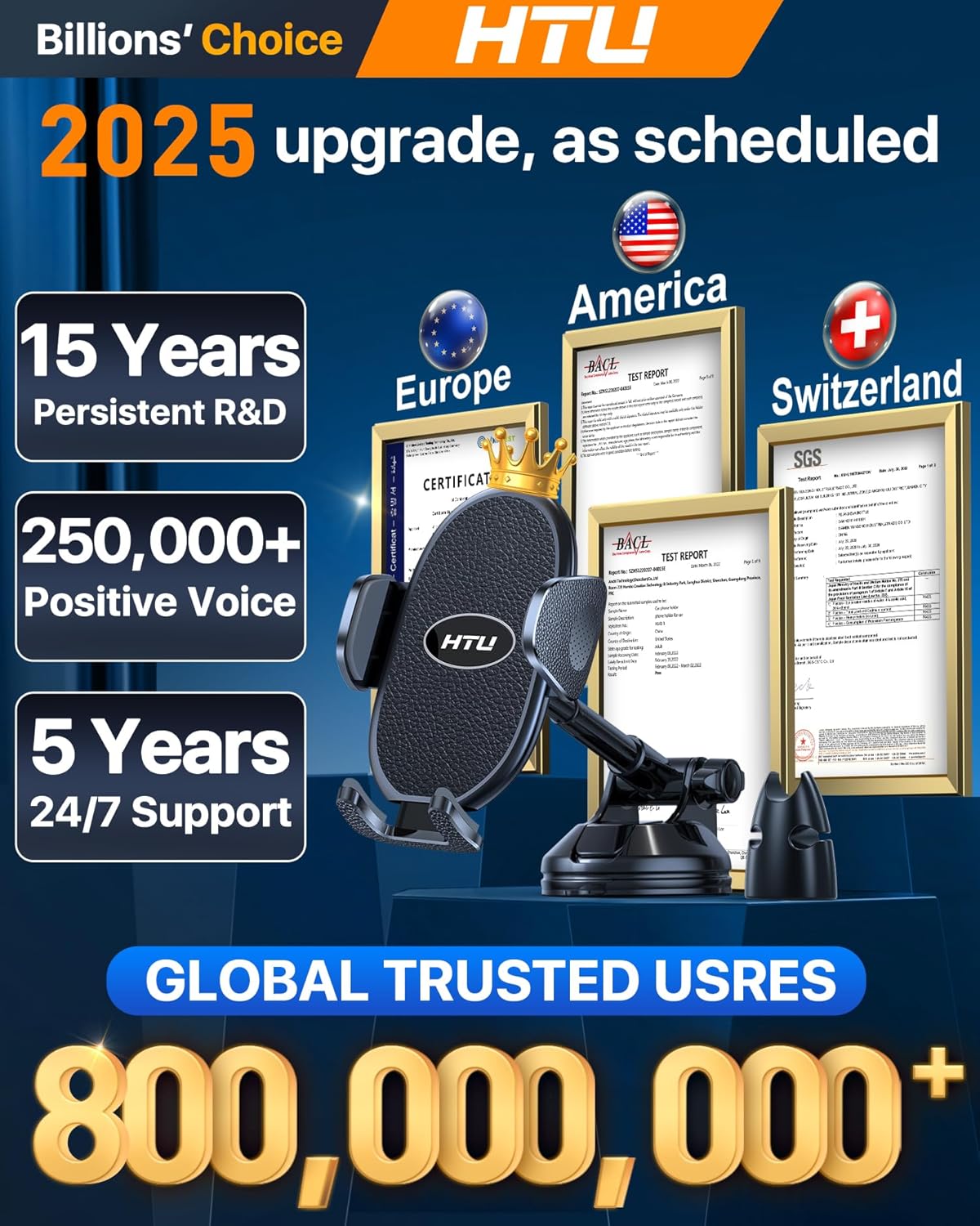 HTU 【Military-Grade Suction】 2025 Cell Phone Holder for Car【Flexible Telescopic Arm】 Car Phone Mount Stand for Dashboard Windshield for iPhone 16 Pro Max 15 14 13 12 Samsung Truck Jeep, Black