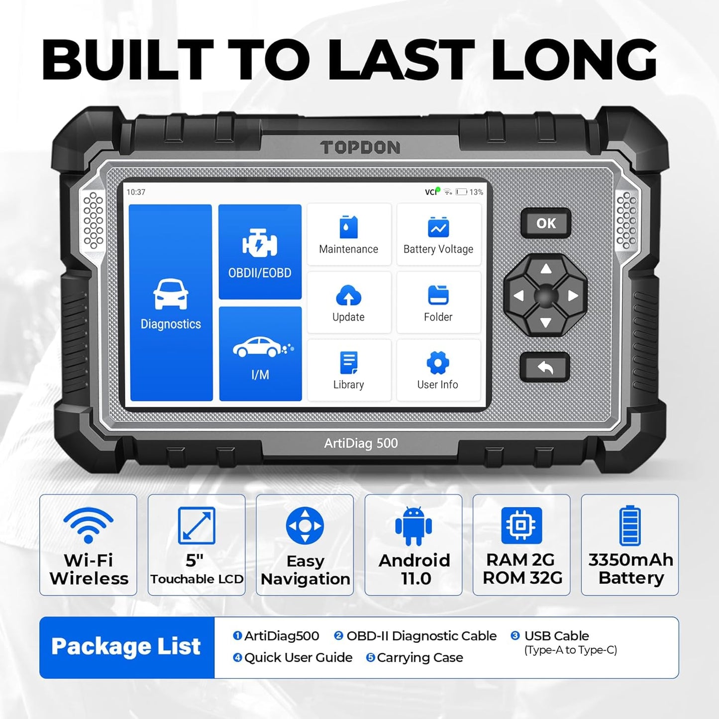 OBD2 Scanner TOPDON AD500, Oil SAS Throttle TPMS BMS EPB Reset, Engine ABS SRS Transmission, Diagnostic Scan Tool, AutoVIN, Car Check Engine Code Reader with Battery Test, Lifetime Wi-Fi Free Update