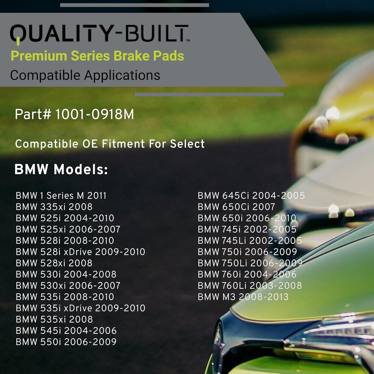 Premium Semi-Metallic Front Brake Pads (1001-0918M) Compatible with 2002-2013 BMW (1 Series M/335xi/525i/525xi/528i/528i xDrive/528xi/530i/530xi/535i/535i xDrive/535xi/545i/550i/M3)