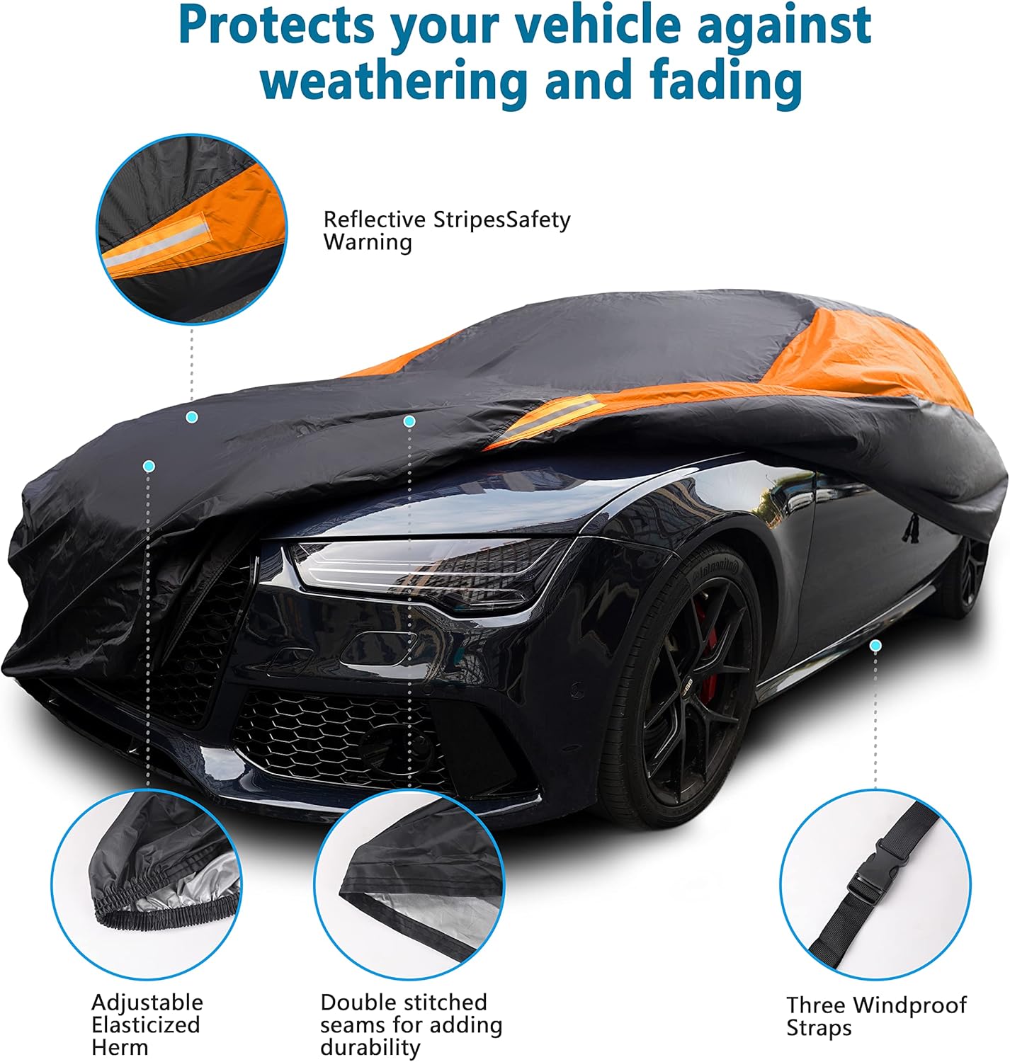 MORNYRAY Waterproof Car Cover All Weather Snowproof UV Protection Windproof Outdoor Full car Cover, Universal Fit for Sedan (Orange, A2-Fit Sedan Length(Up to 177 inch)