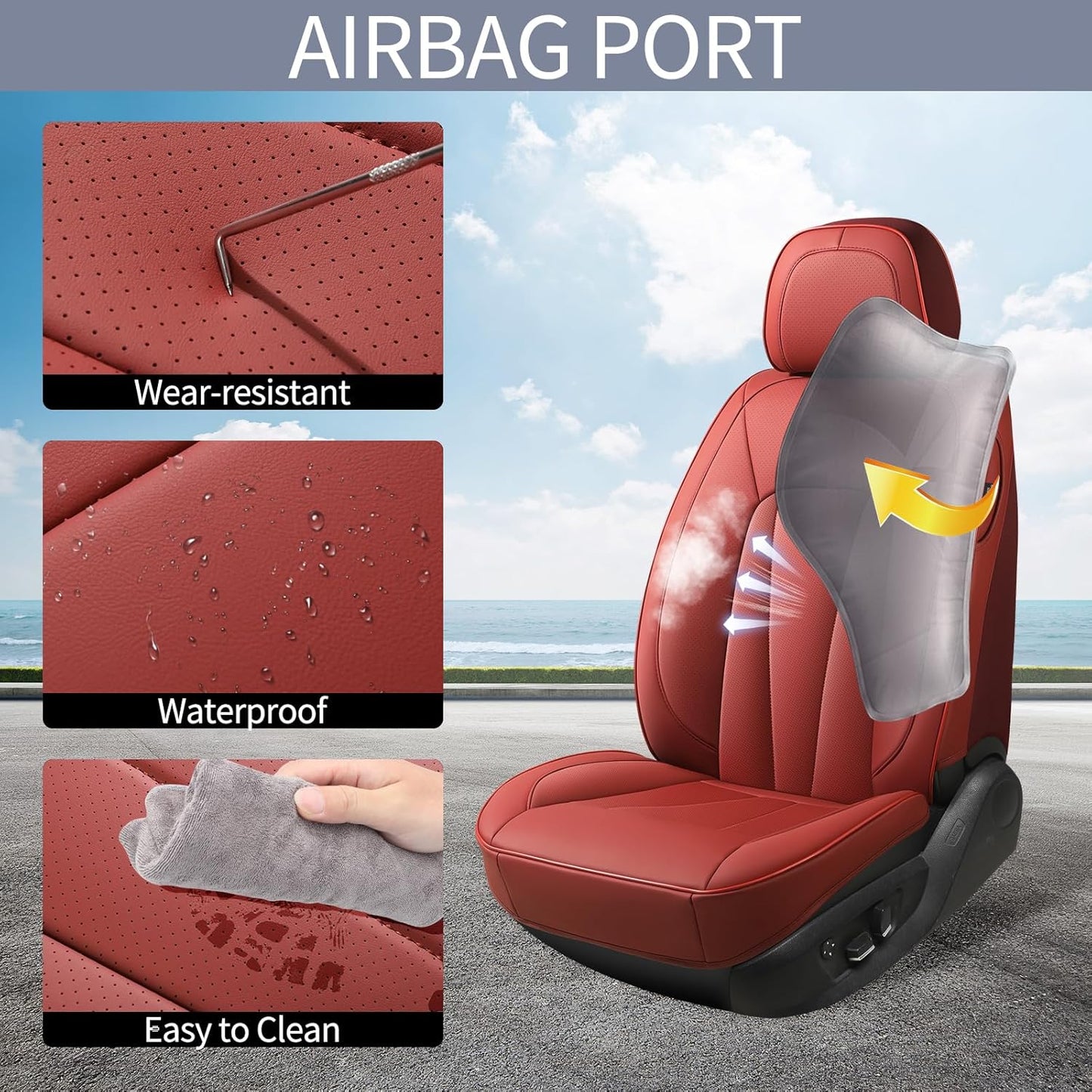 Car Seat Covers Full Set,Red Car Seat Covers,Leather Automotive Seat Covers,Breathable Waterproof Luxury Full Wrapping Edge Seat Covers Fit for Most Cars SUV and Sedans