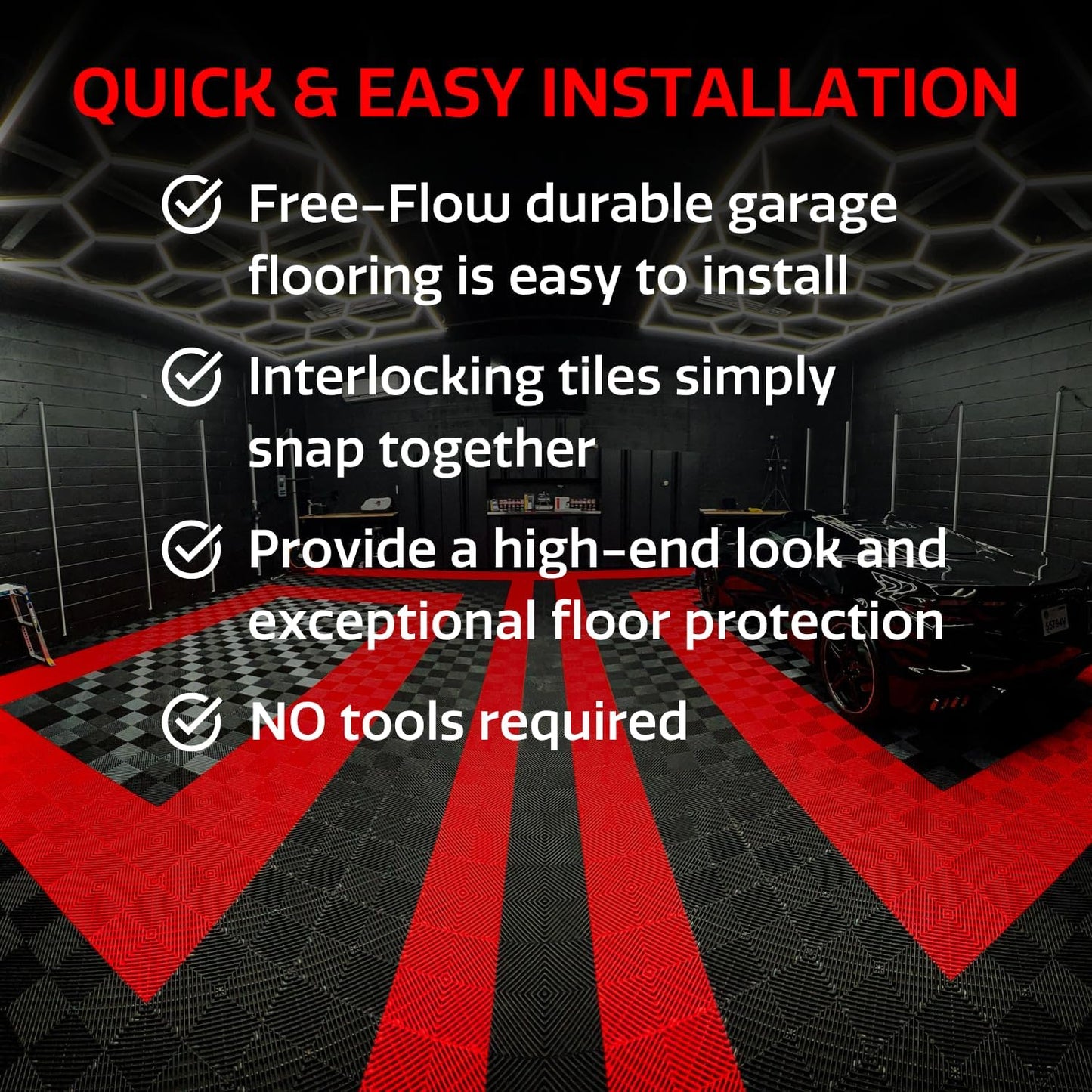 Big Floors RaceDeck Free-Flow Open Rib Self-Draining Design, Durable Copolymer Plastic Interlocking Modular Garage Flooring Tile (24 Pack), Red