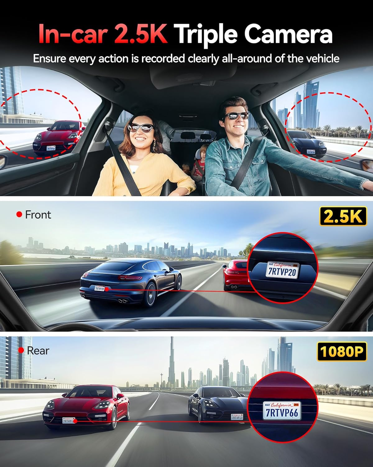 REDTIGER 530° Dash Cam 3 Channel, 2.5K+2.5K+1080P Triple Car Camera with 128GB Card, IR Night Vision, Touch Screen, Dashcam for Front Inside Rear Included WiFi GPS, 24H Parking Mode