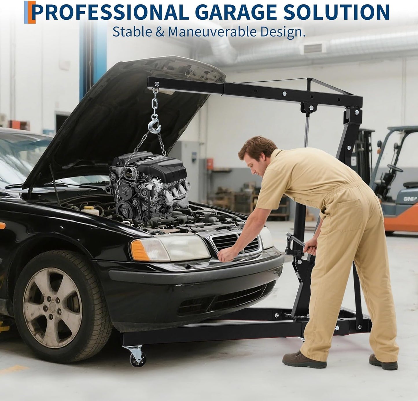 Engine Hoist Cherry Picker, 2 Ton Folding Hydraulic Engine Hoist with Telescopic Boom & 6 Casters, Heavy Duty Shop Crane Lifting Cherry Picker for Workshops Garage, Black