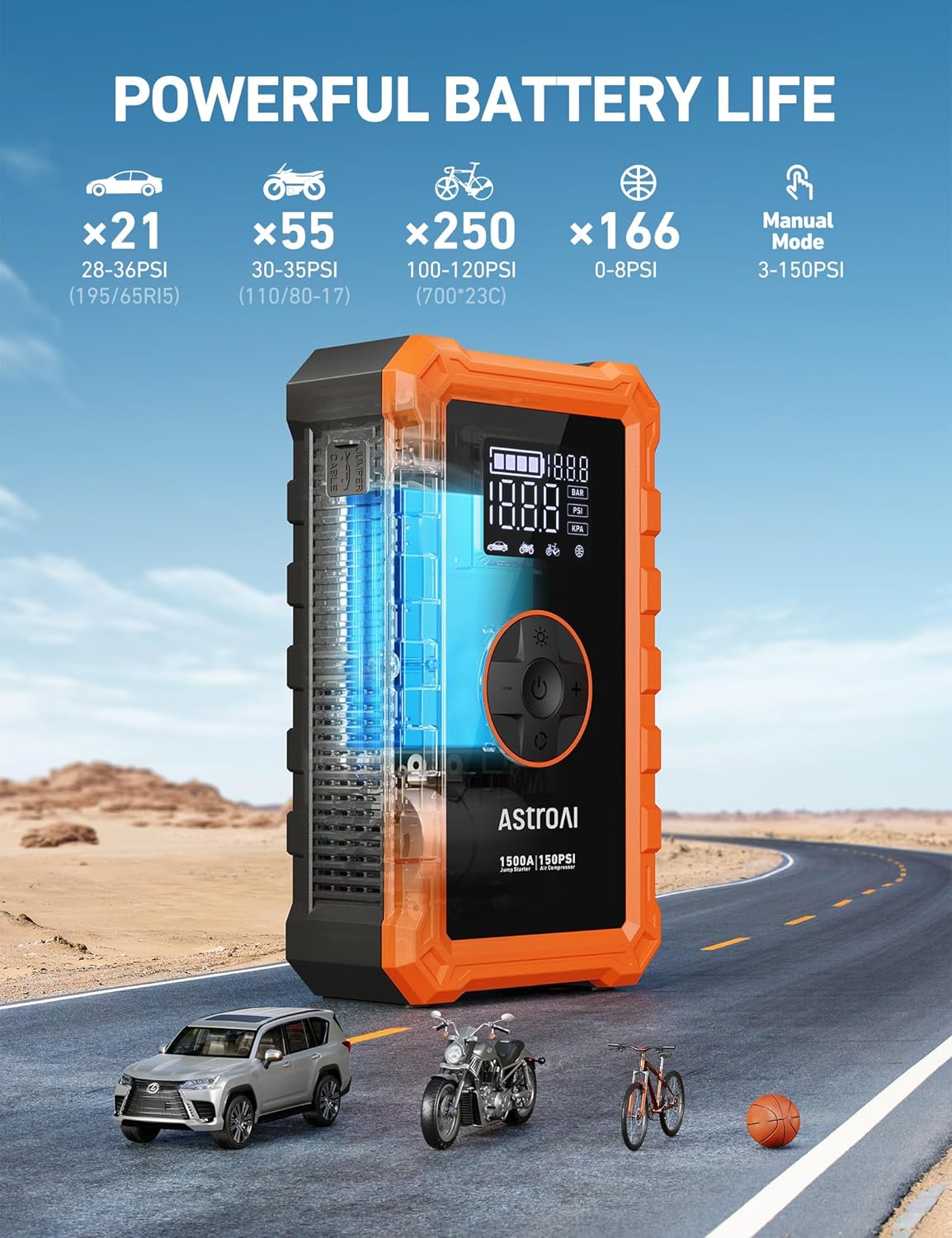 AstroAI S8 Air Jump Starter with Air Compressor, 1500A Peak Car Battery Jump Starter Portable (6.0 Gas/3.0L Diesel) with 150PSI Cordless Auto-Shutoff Tire Inflator, 12V Battery Charger Booster(Orange)