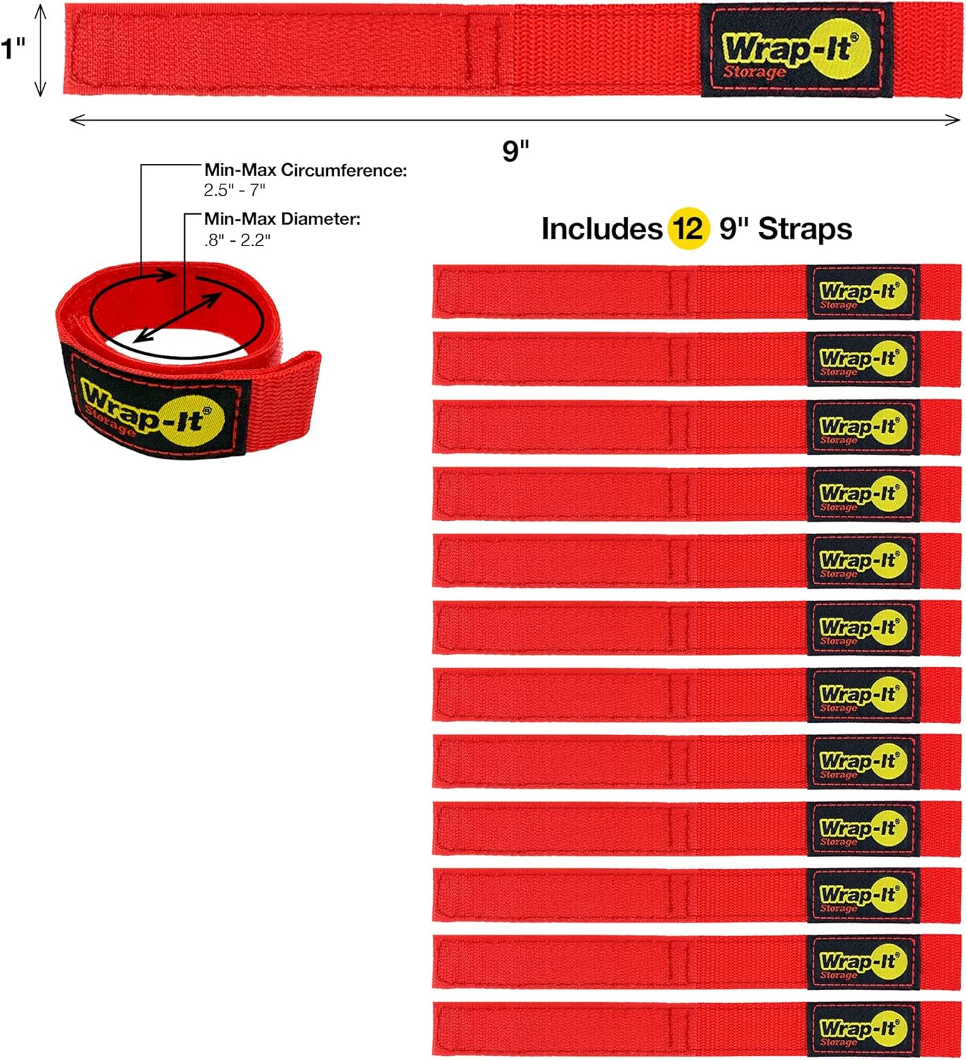 Wrap-It Storage Quick-Strap Cord Wraps, 9 inch (12 Pack) Red - Hook and Loop Strap, Extension Cord Holder Gifts for Boat, Rope, Hose, and Cable Storage and Organization