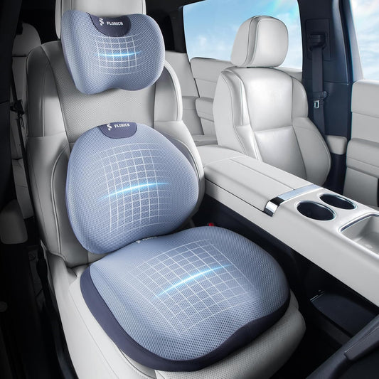 FLORICH Seat Cushion and Lumbar Support Pillow for Office Chair Car, Car Neck Pillow, Ergonomic Memory Foam Back Support for Office Gaming Chair Wheelchair, Relieves Neck, Back & Sciatica Pain – Blue