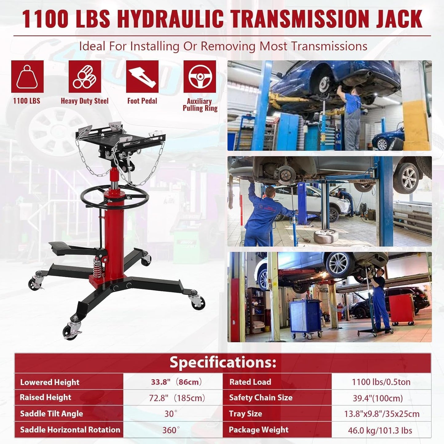 Transmission Jack 1100 LBS Hydraulic Telescoping 2-Stage Lift Jack Stand 33.8"-72.8" High Lift Transmission Jacks with Foot Pedal & 360° Swivel Wheels for for Garage/Workshop Car and Truck Repairs
