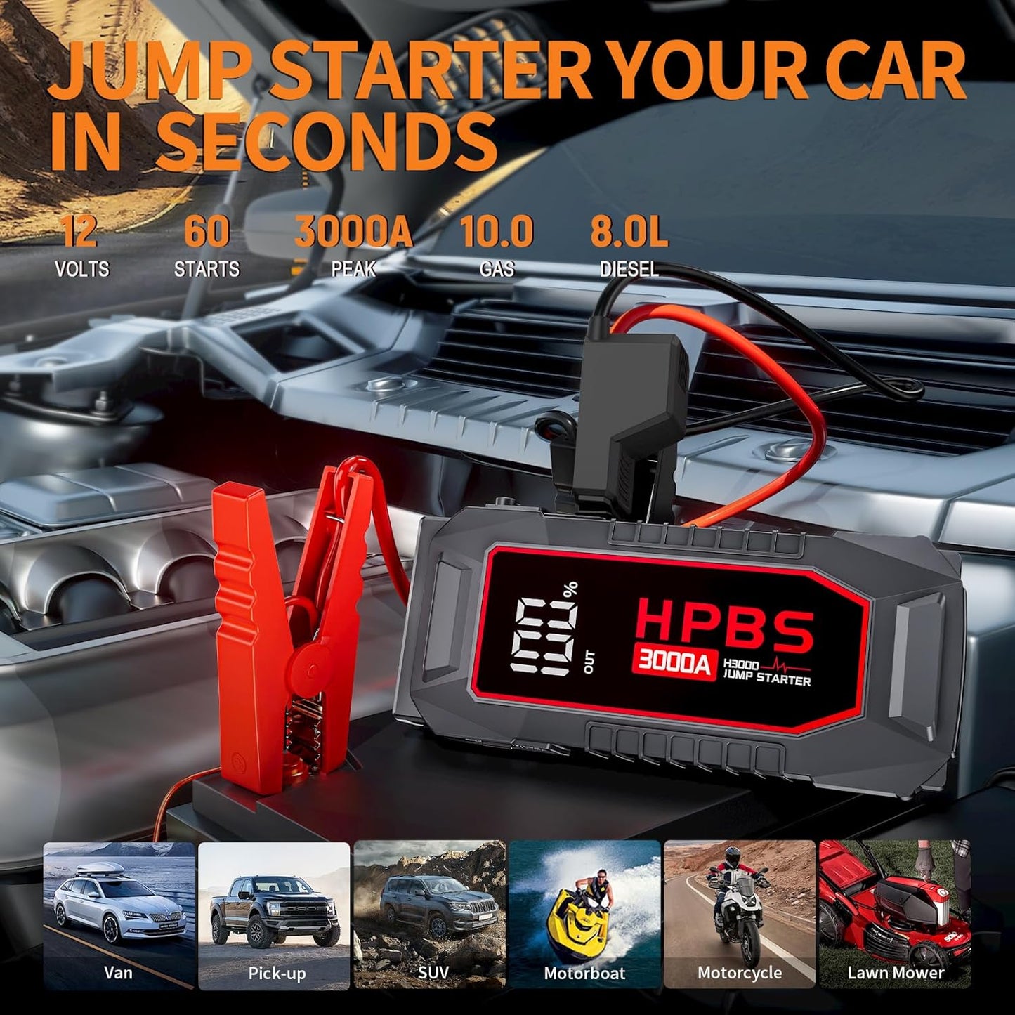 Jump Starter - 3000A Car Battery Jump Starter for Up to 10L Gas and 8L Diesel Engines, 12V Portable Battery Jump Starter Box with 3.0" LCD Display