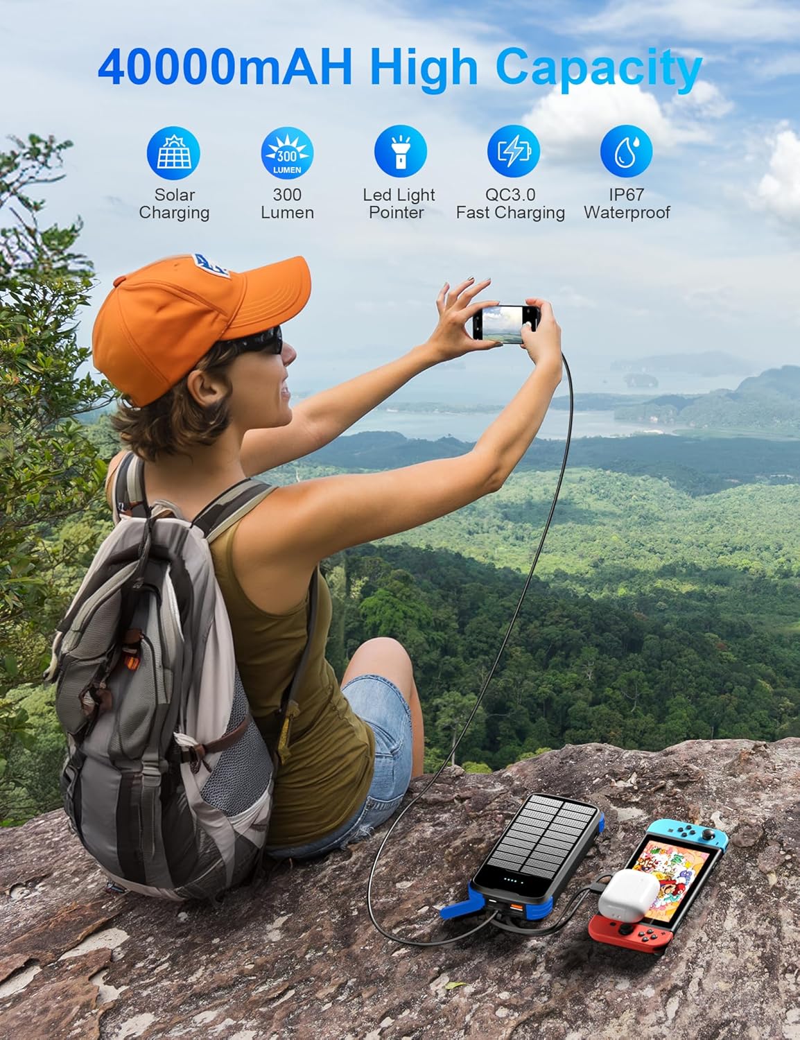 Solar Charger Power Bank, 40000mAh Portable Phone Charger Built in 4 Cables with USB C in/Output, PD 20W Fast Charging Portable Charger, External Battery Pack with Dual Bright Flashlights