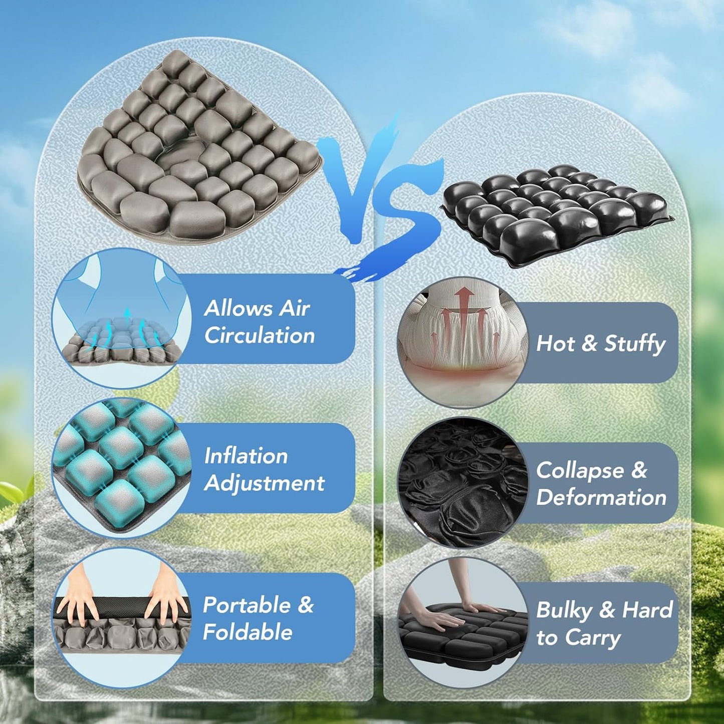 Travel Seat Cushion, 3D Air Inflatable Pressure Relief Cushion for Hemorrhoid and Tailbone Pain Relief, Optimal Support for Long Sitting in Car, Air Travel, Office Chairs, Home Living (Grey)