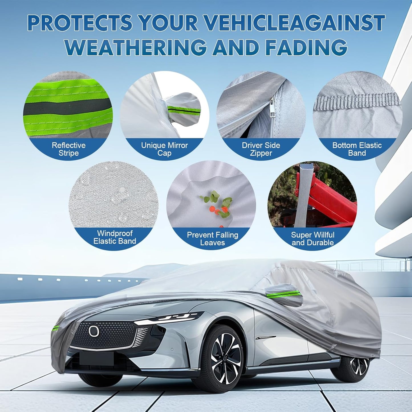 KEYOOG 6-Layer Full Car Cover is All-Weather Waterproof, Universal in All Seasons, Snow Prevention, Rainproof, Acid Rainproof, Sunscreen, Ultraviolet-Proof, Applicable to SUV and MPV (Up to 180")