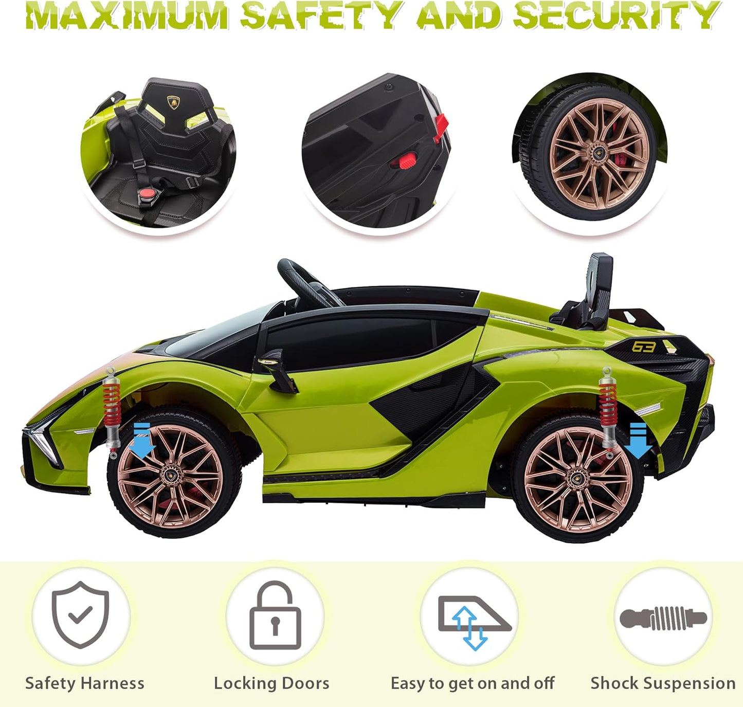 TOBBI Electric Ride On Car Toy for Kids to Drive, 12V Battery Powered Licensed Lamborghini SIAN with Parent Remote Control for Toddlers 3-6 Years w/Functions Spring Suspension/Horn/LED Lights-Green