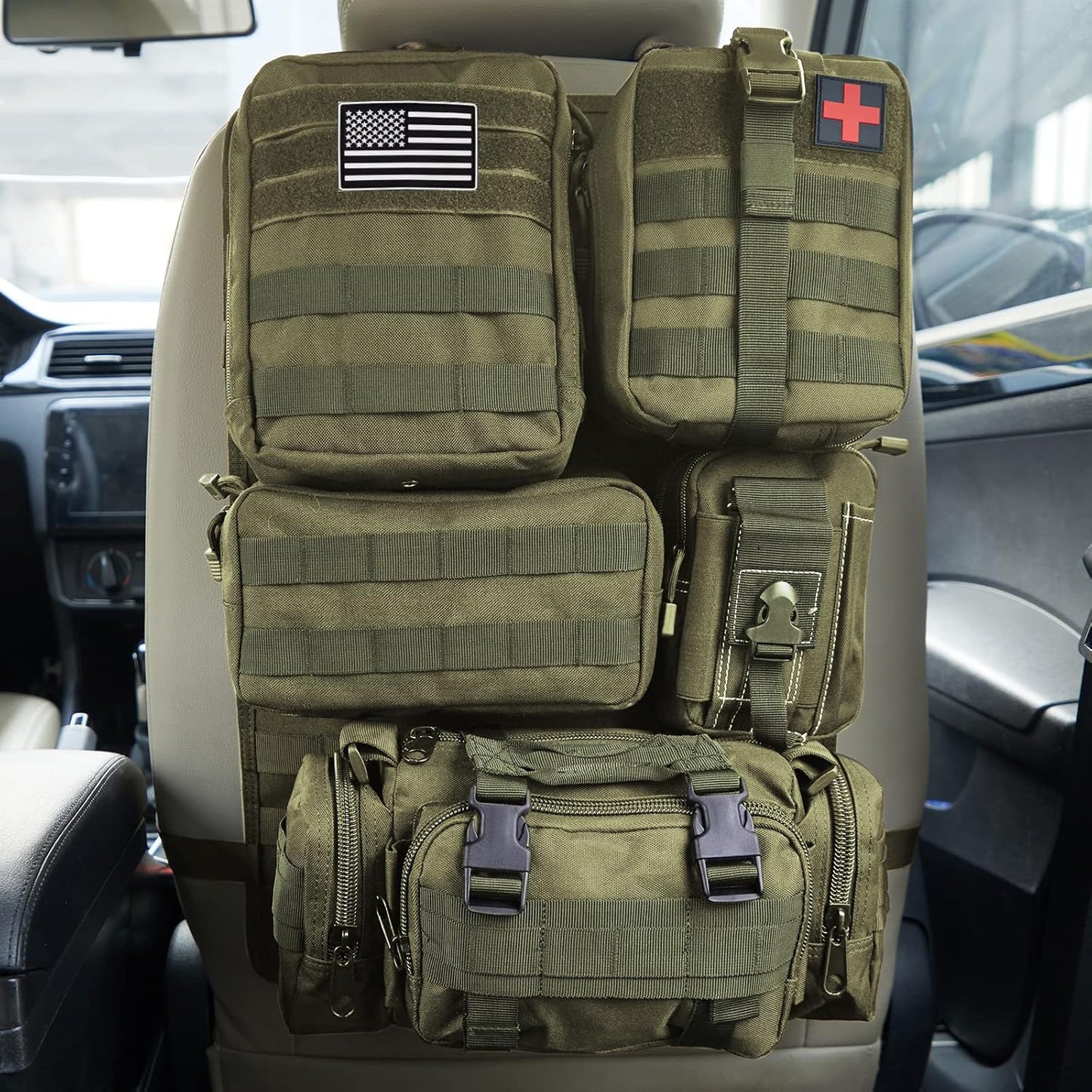 Universal Tactical Seat Back Organizer Vehicle Molle Panel Organizer Storage Bag with 5 Detachable Molle Pouch for All Vehicel Such as Jeep,Truck,SUV, Car, Ford,Chevy etc