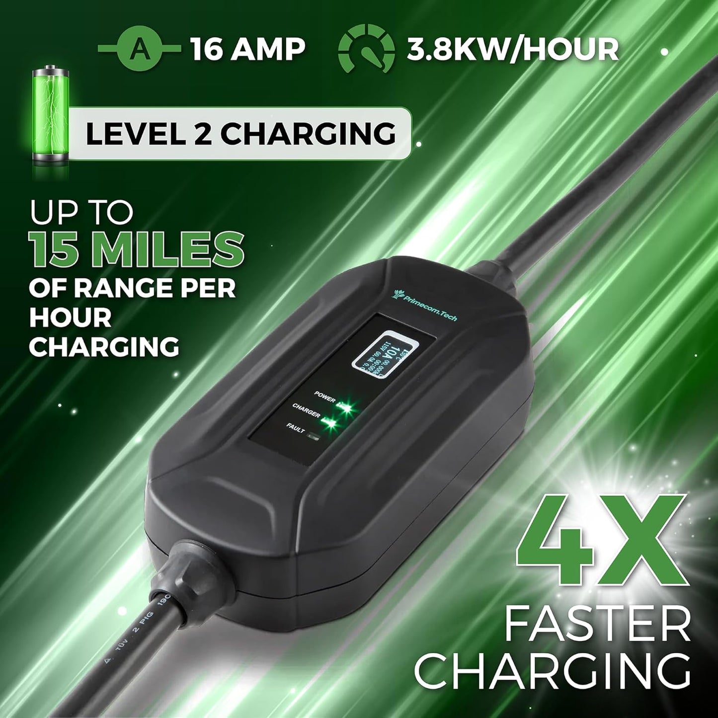 PRIMECOM Level 2 EV Charger 220/240V, 16A, 30ft & 50ft, Portable EVSE Electric Vehicle Charging Cable Compatible with Bolt Volt Leaf BMW i3 Fiat 500e Clarity NIRO Prius (50 Feet, 14-50P)