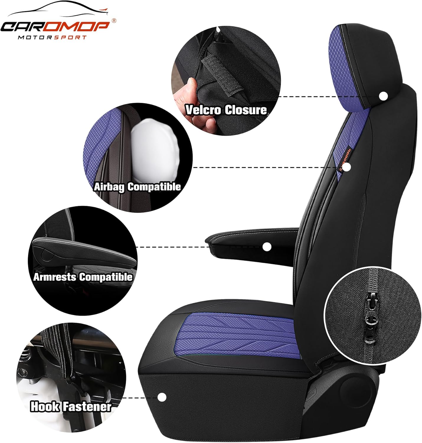 CAROMOP Luxury Faux Leather&Fabric Car Seat Covers 2 Front Seats with Breathable 3D Foam Back Support, Universal Seat Covers for Cars,Trucks,SUVs, Front Armrests Compatible(Black/Blue)