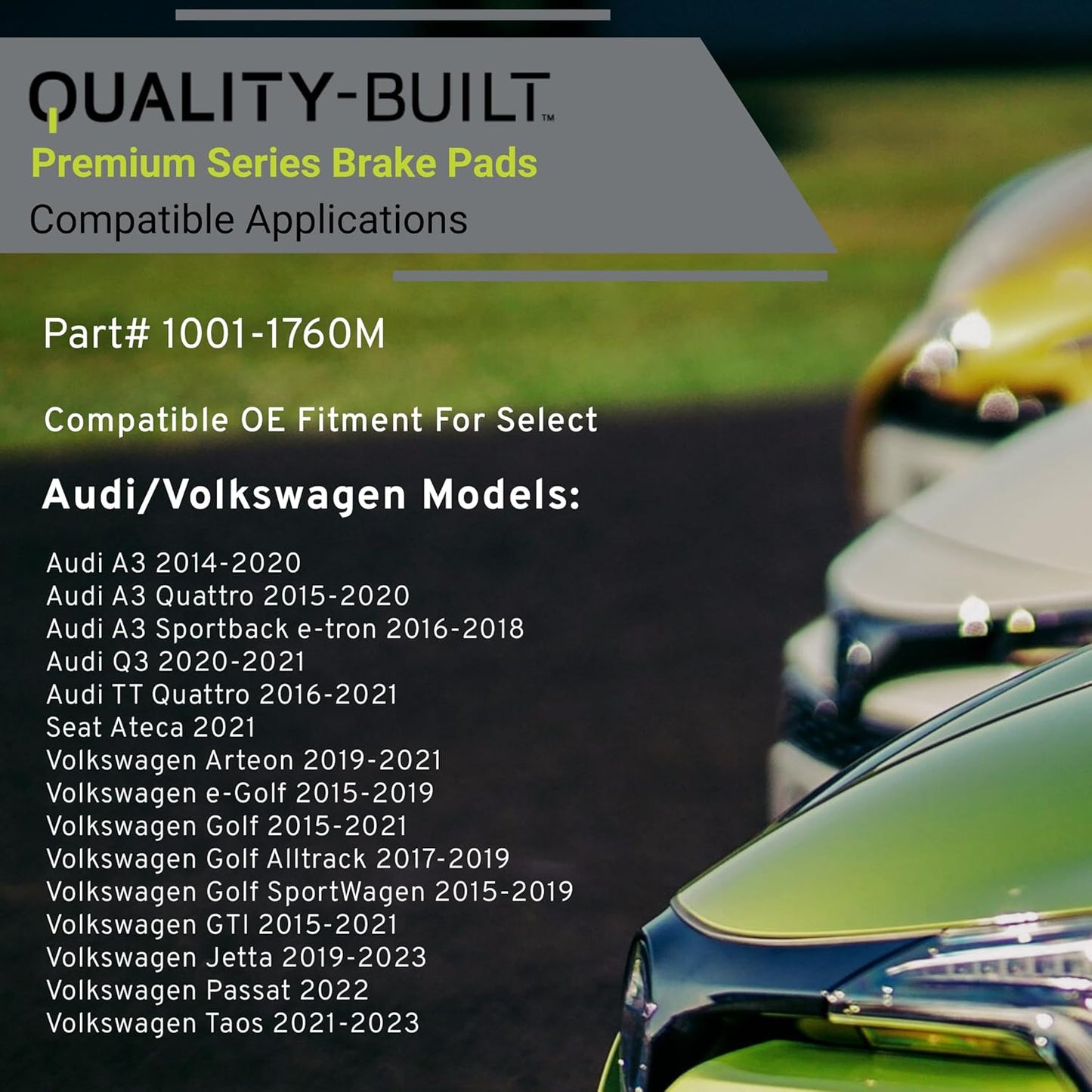 Premium Semi-Metallic Front Brake Pads (1001-1760M) Compatible with 2014-2023 Audi/Seat/Volkswagen (A3/A3 Quattro/A3 Sportback e-tron/Golf/GTI/Jetta/Passat/Q3/Taos/TT Quattro & More)