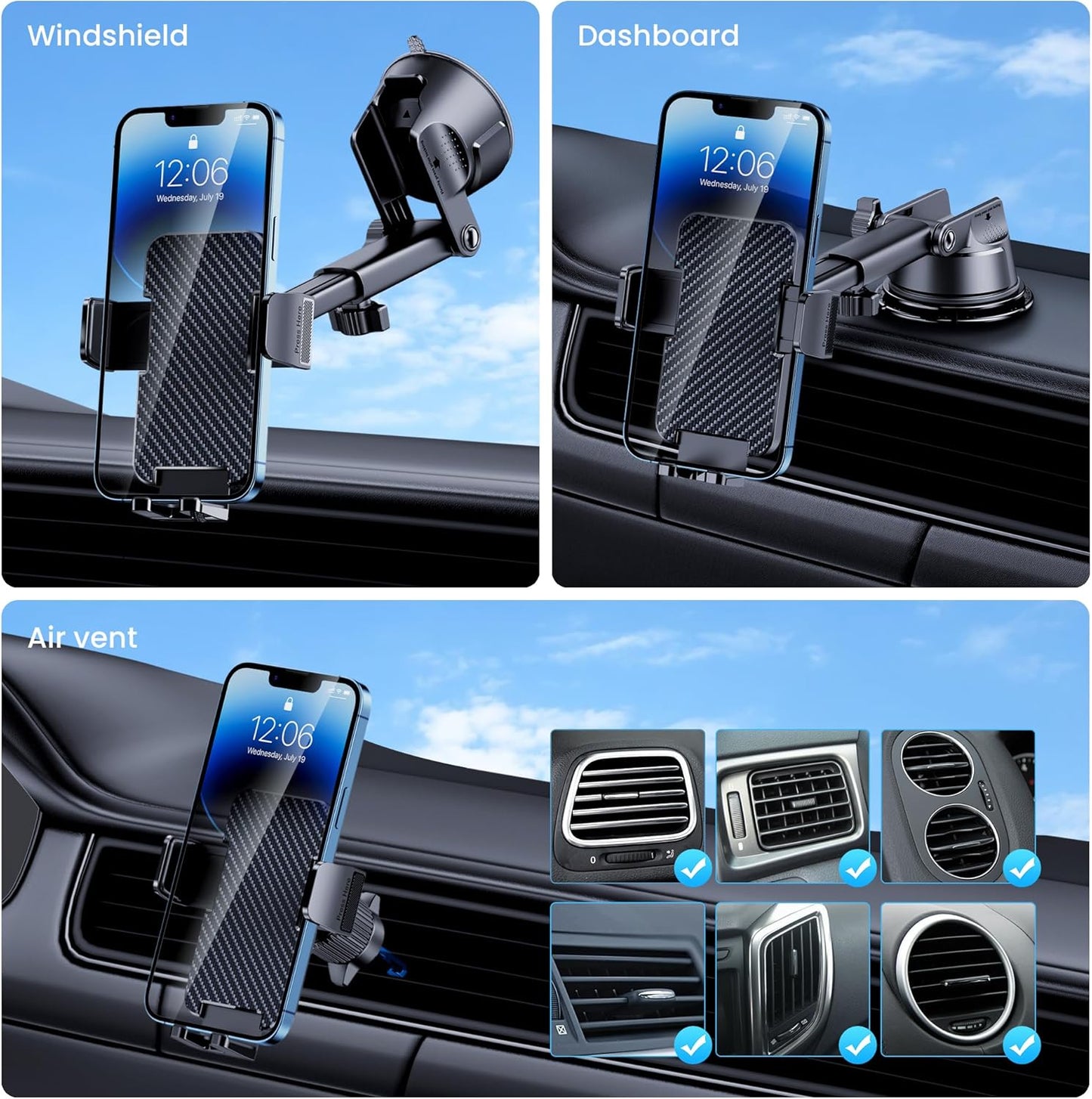 Phone Holder Car [Military Grade Suction Ultra Strong Base] Cell Phone Car Holder 3 in 1 Dashboard Windshield Air Vent Hands-Free for iPhone Android Phones