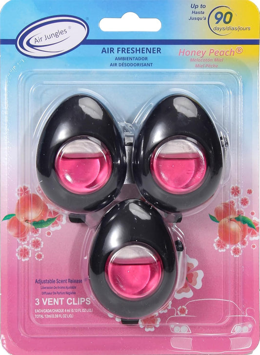 Air Jungles Car Air Freshener Vent Clip 3 Count, Honey Peach Scent, 4 ml Each, Long-Lasting Car Odor Eliminator, Easy Clip-On Design, Up to 90 Days Freshness for Cars, Trucks, and SUVs