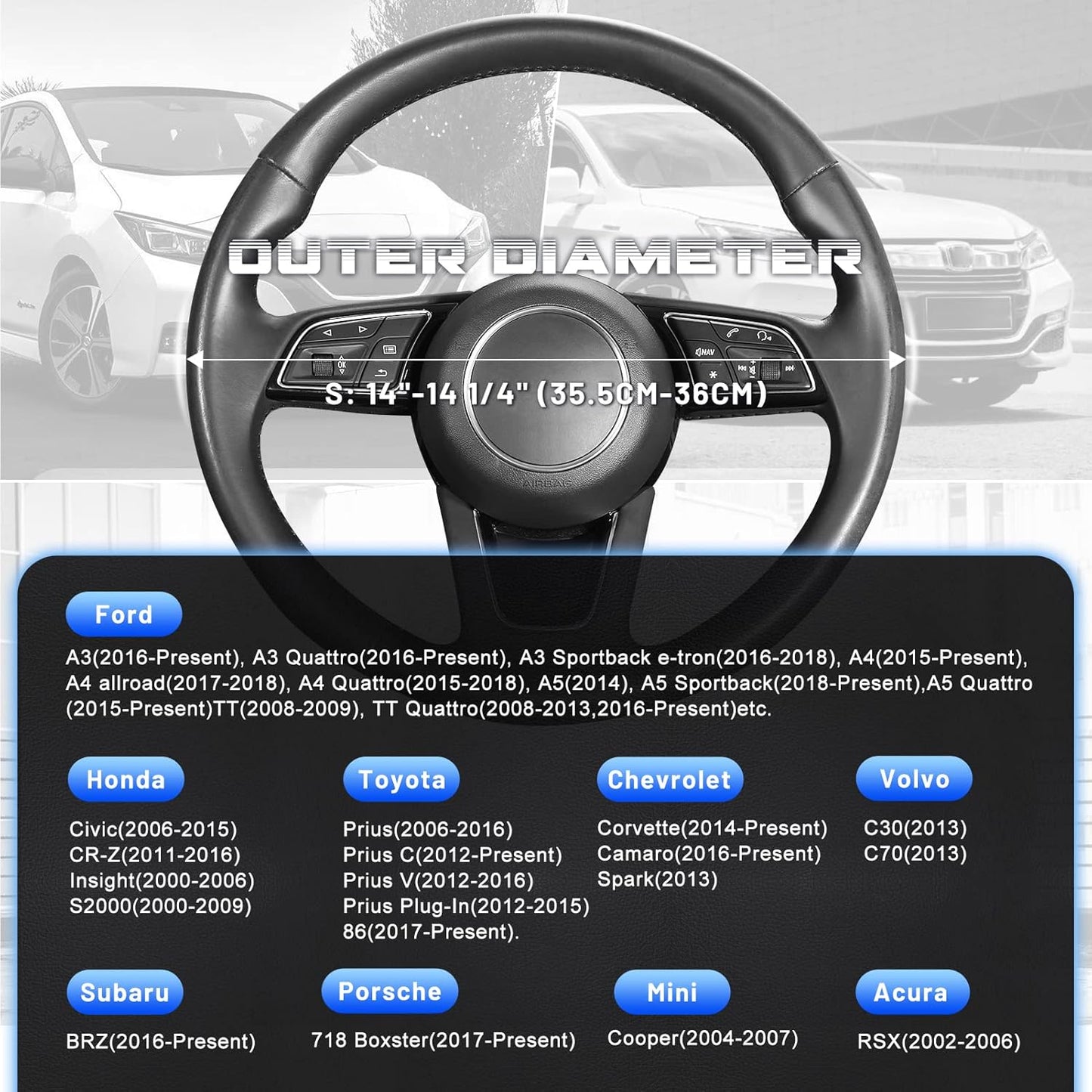 SEG Direct Car Steering Wheel Cover for Prius Civic Model 3 Model Y Camaro, Small Size 14-14.25 inch, Black and Blue Microfiber Leather