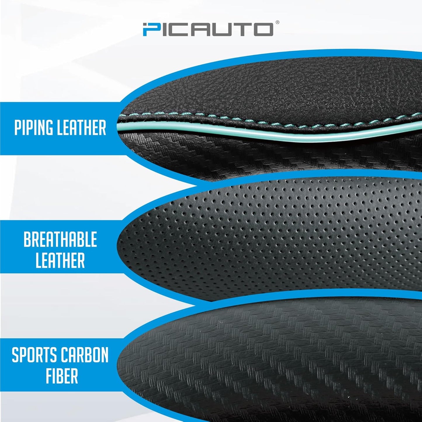 PIC AUTO Steering Wheel Cover, Mint Piping Leather, Sports Carbon Fiber and Super Breathable Leather, Universal 14.5-15.5 Inch Anti-Slip Steering Wheels Accessories for Men & Women