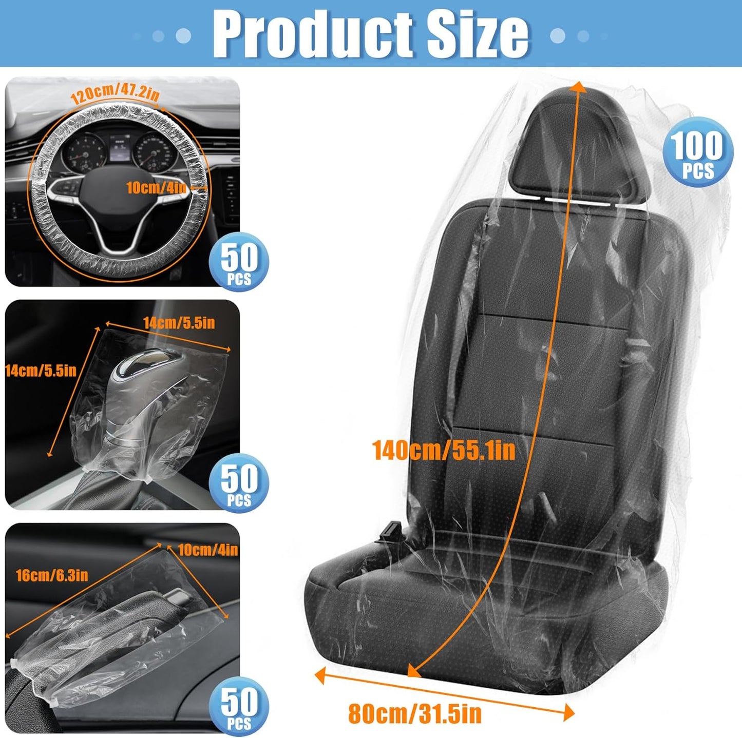 MYFAMIREA 250 PCS Disposable Car Seat Covers Clear Plastic Vehicle Seat Protector Set with Steering Wheel, Gear Shift and Handbrake Covers, Universal for Cars Auto Truck Bus Airplane