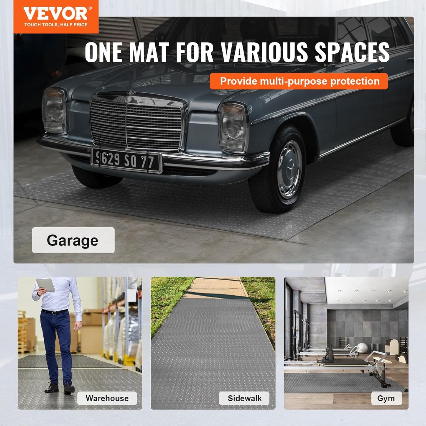VEVOR Floor Mat, 13 x 4.9 FT PVC Flooring Roll, Non-Slip Diamond Texture, 64.58 sq.ft Covering Space, Garage Mats for Under Cars, Gyms, Boats, Car Trailer, Silver