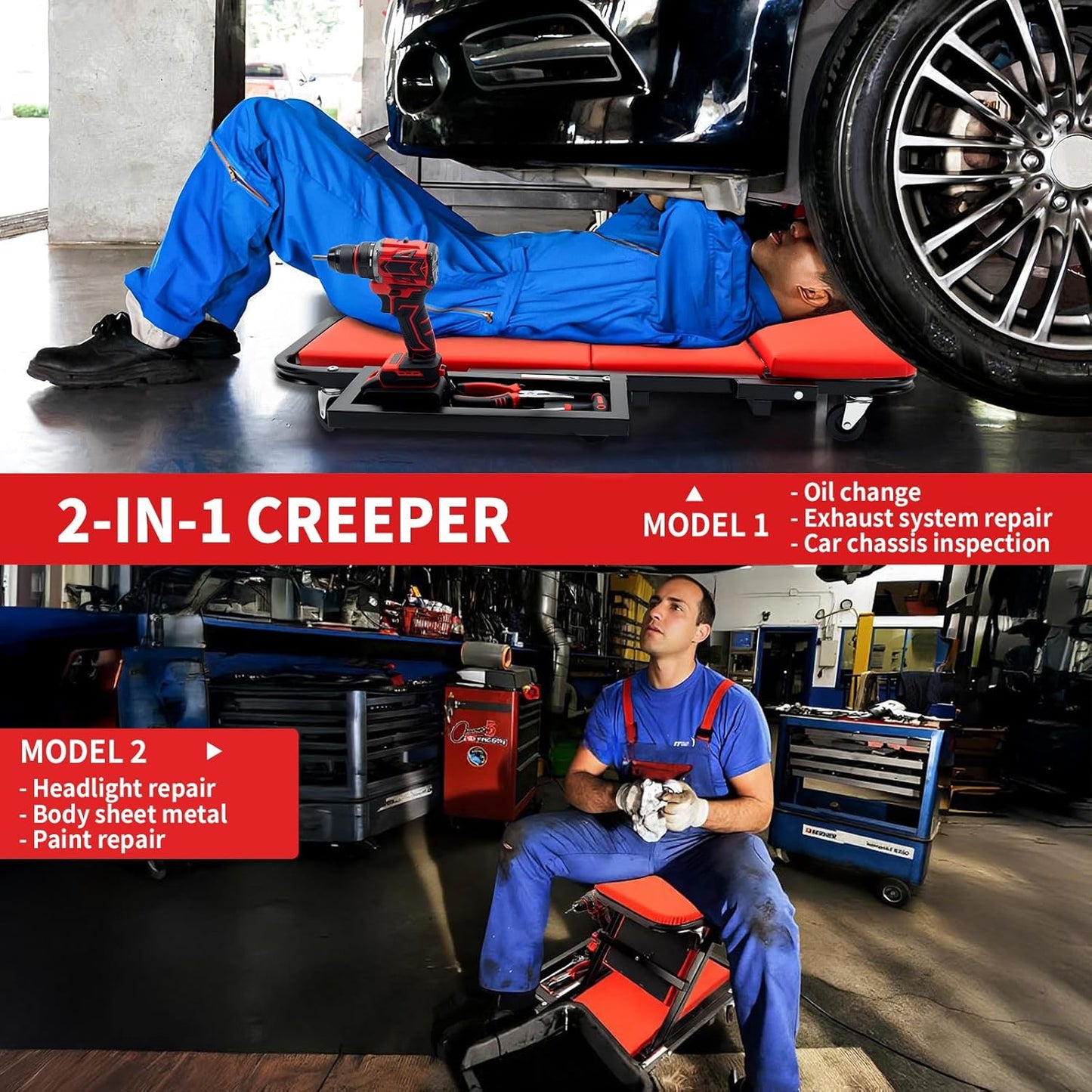 Mechanic Creeper 40 inches 2-in-1 Mode Z Seat with Tool Tray, 480lbs Capacity, Foldable Garage Adjustable Rolling with 6pcs Roller, Lay Down Sit Lean Back, Under Car Auto Repair Men Gift, Red