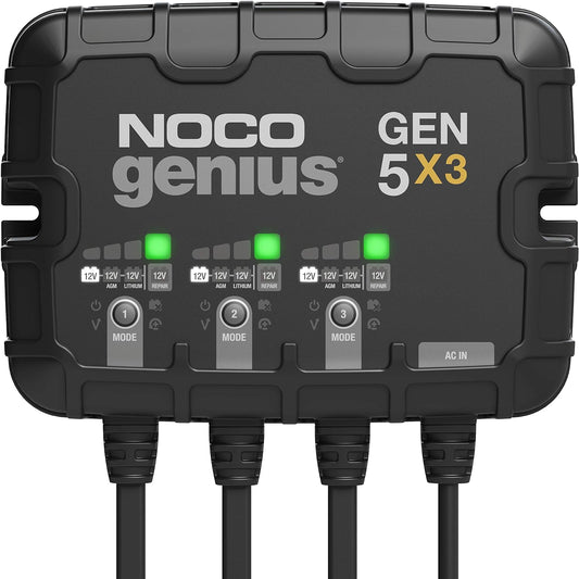 NOCO Genius GEN5X3: 3-Bank, 15A Onboard Battery Charger - 5A Per Bank, 12V Waterproof Marine Charger with Overcharge Protection & Temperature Compensation – for Lead-Acid & Lithium Batteries