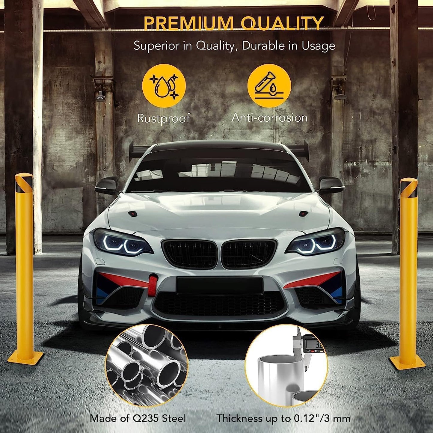 Safety Bollard 6 Packs,36 Inch High Heavy-Duty Yellow Safety Bollard Steel Posts,4.5 Inch Diameter,Safety Bollard with 16 Anchor Bolts - Perfect for Traffic Control, Driveway Barriers,Parking Poles