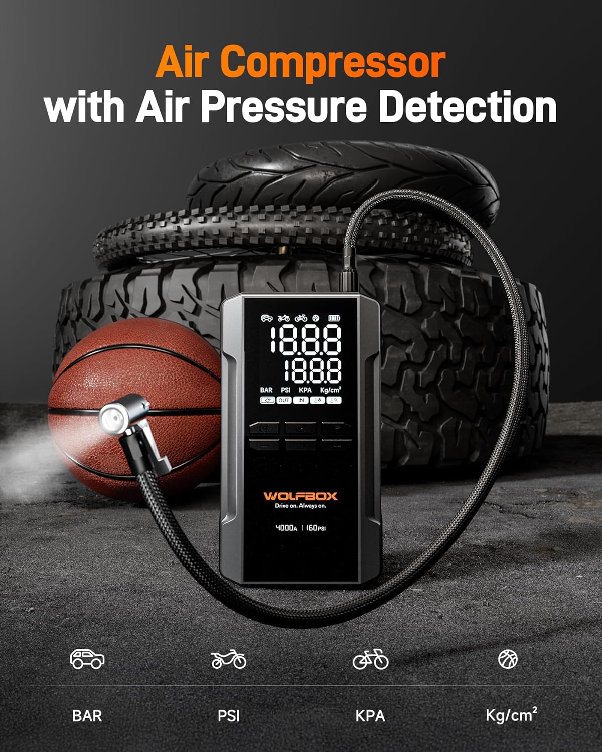 WOLFBOX 4000A Jump Starter with 160PSI Air Compressor, 12V Car Battery Booster, 65W Fast Charge, 24000mAh Portable Tire Inflator, LED Display for 10L Gas & 10L Diesel Engines, LED Light, Jumper Cables