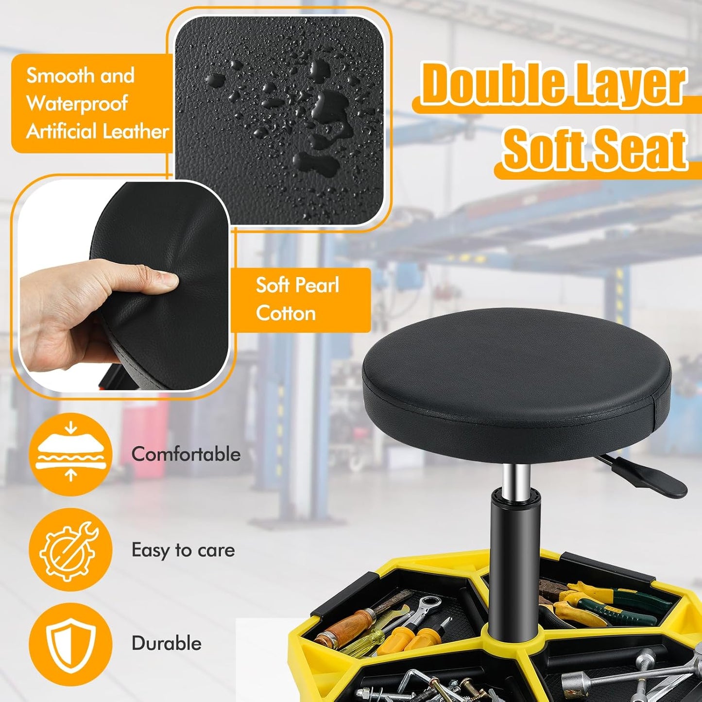 Adjustable Mechanic Rolling Stool, Pneumatic Rolling Stool with Wheels, Tool Storage Tray & Padded Seat Cushion, Garage Stool Chairs Creeper Seat (Yellow)