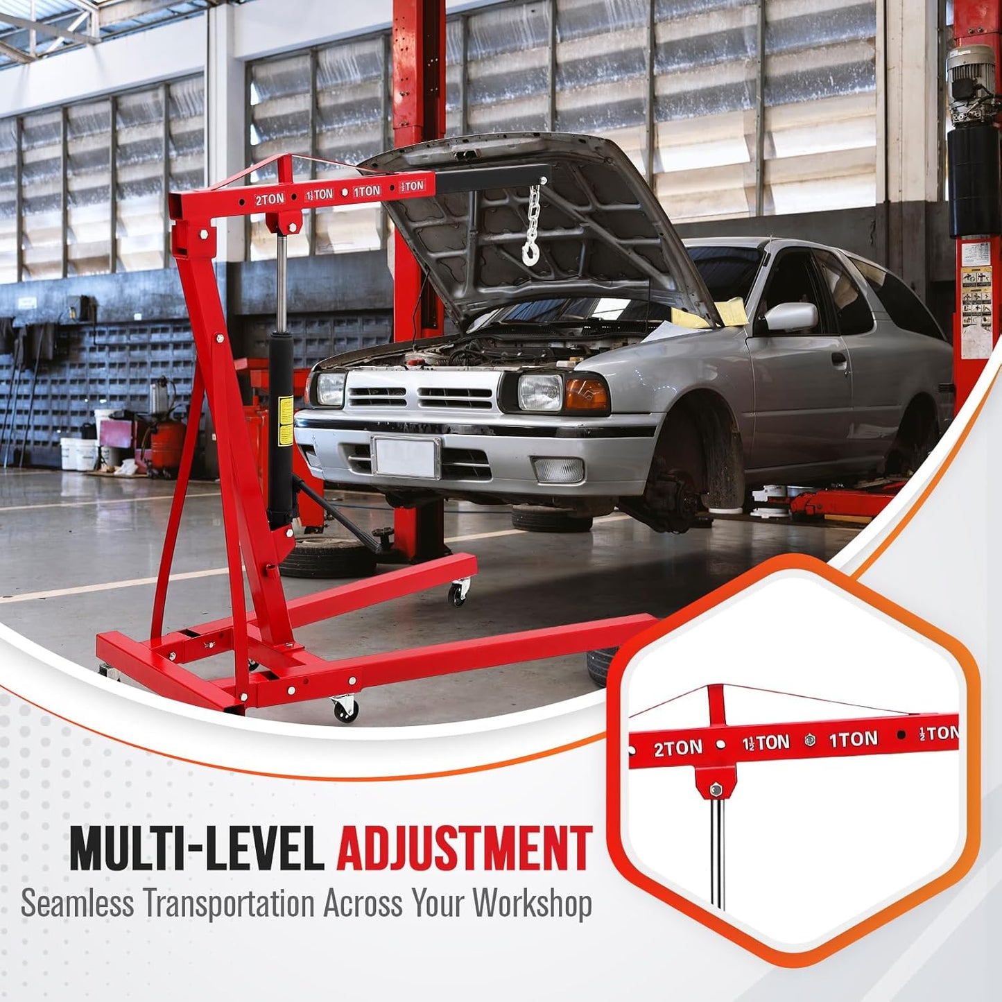 2 Ton Engine Hoist, Hydraulic Cherry Picker Engine Hoist Lift, 4400LBS Heavy Duty Crane Lifter with 6 Casters and Telescopic Boom, Foldable & Portable Design, for Garage, Workshop, Warehouse (Red)